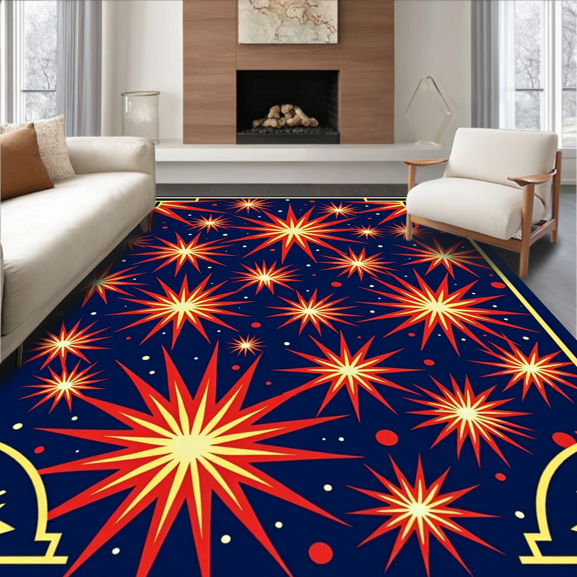 Exploding Starburst Red Yellow Pattern Rug