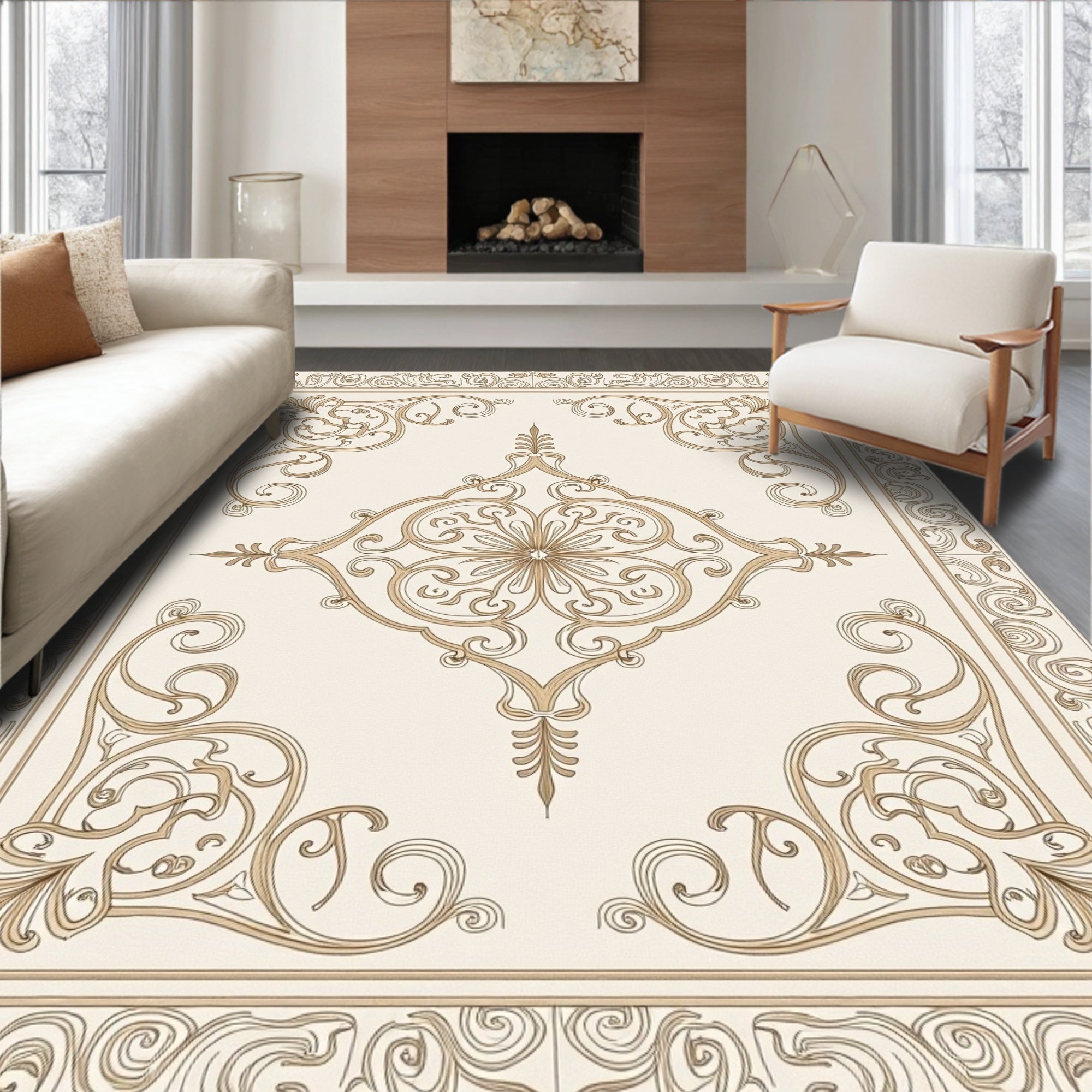 Elegant Golden Swirls Floral Pattern Rug