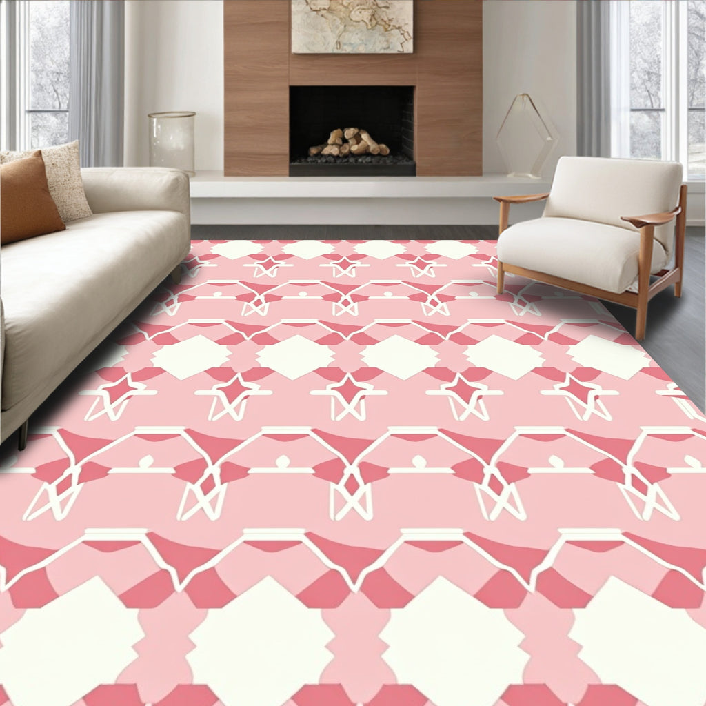 Pink White Geometric Pattern Design Rug