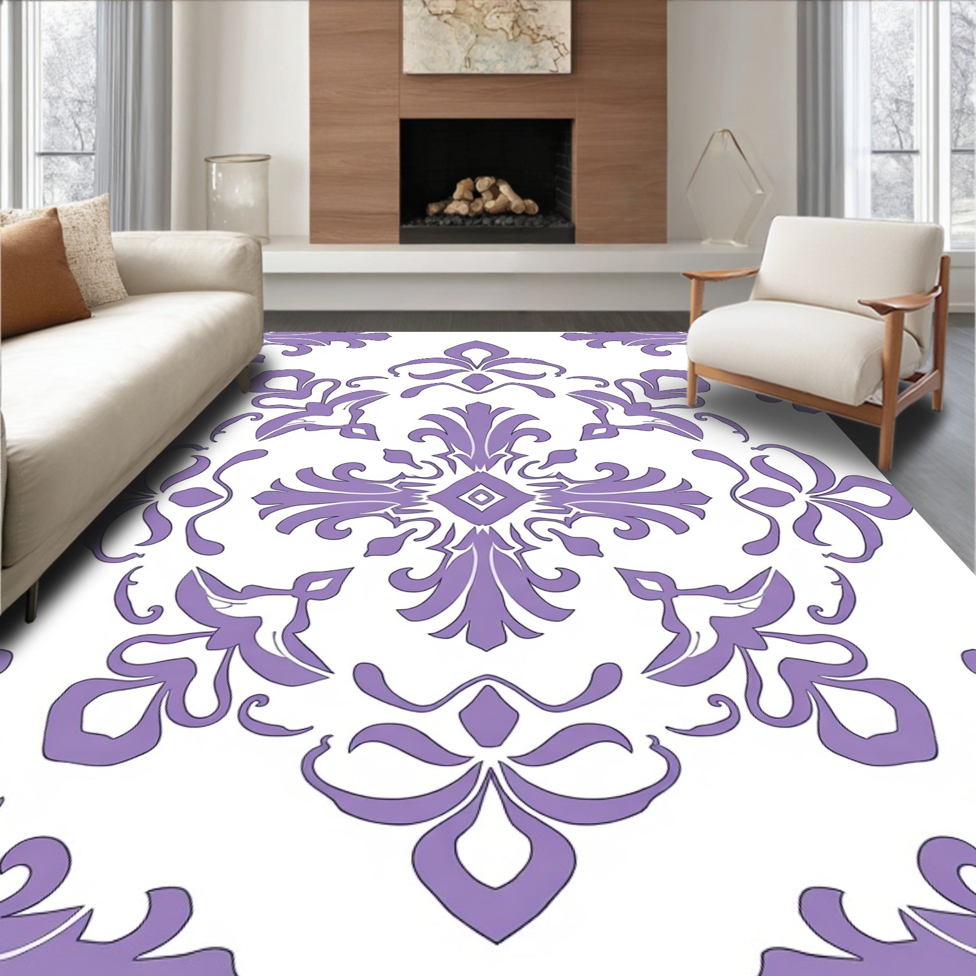 Ornate Purple Floral Damask Pattern Rug