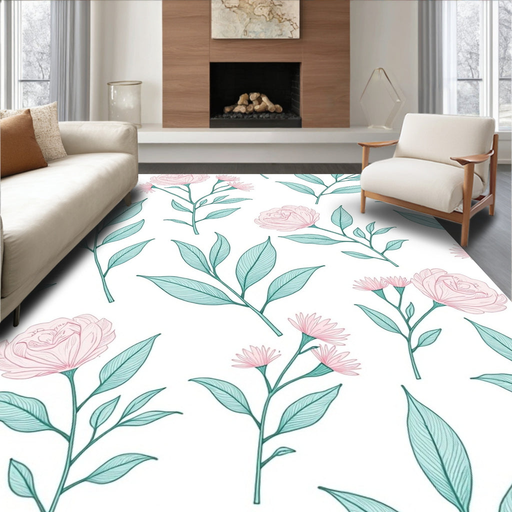 Floral Branch Pattern with Pink Blooms Rug