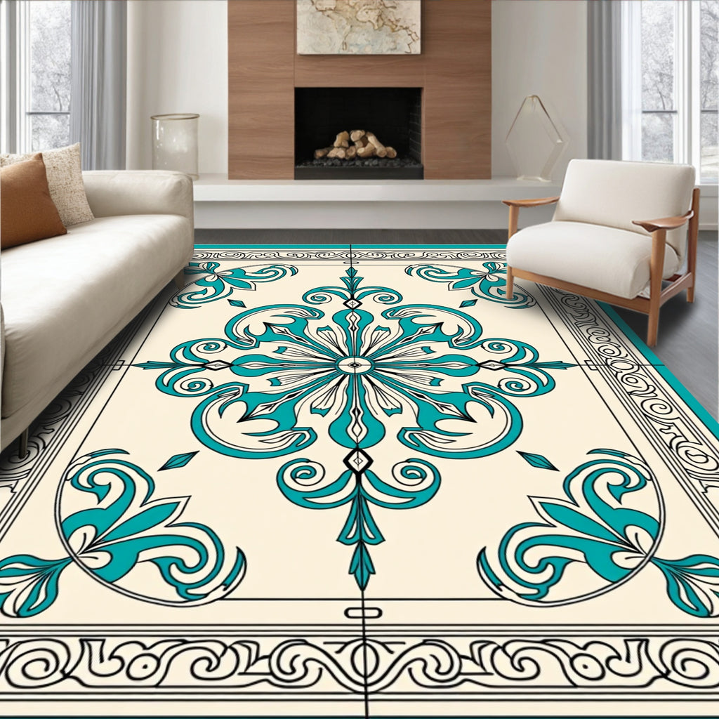 Turquoise Classic Floral Medallion Design Rug