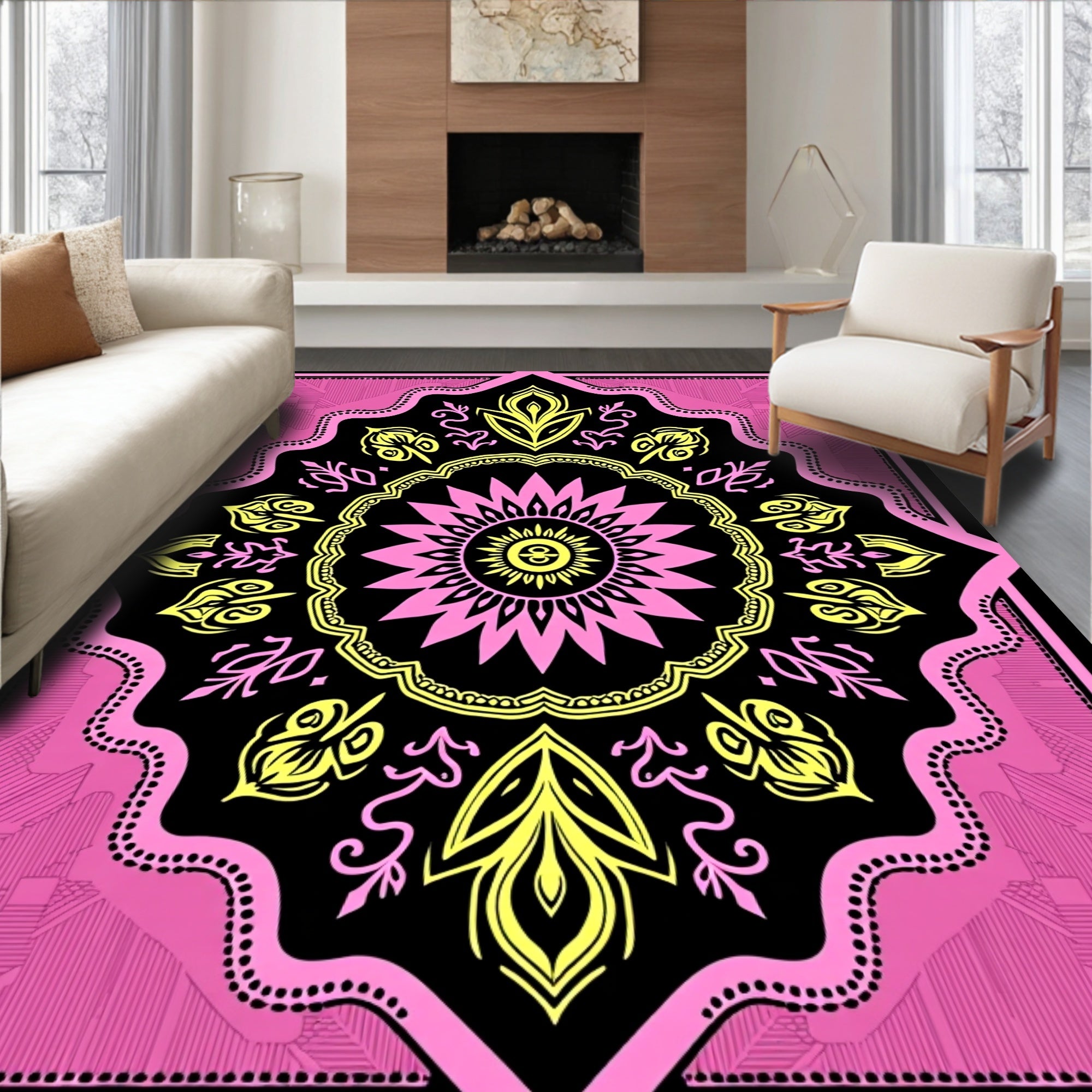 Bold Pink Yellow Sunburst Mandala Rug