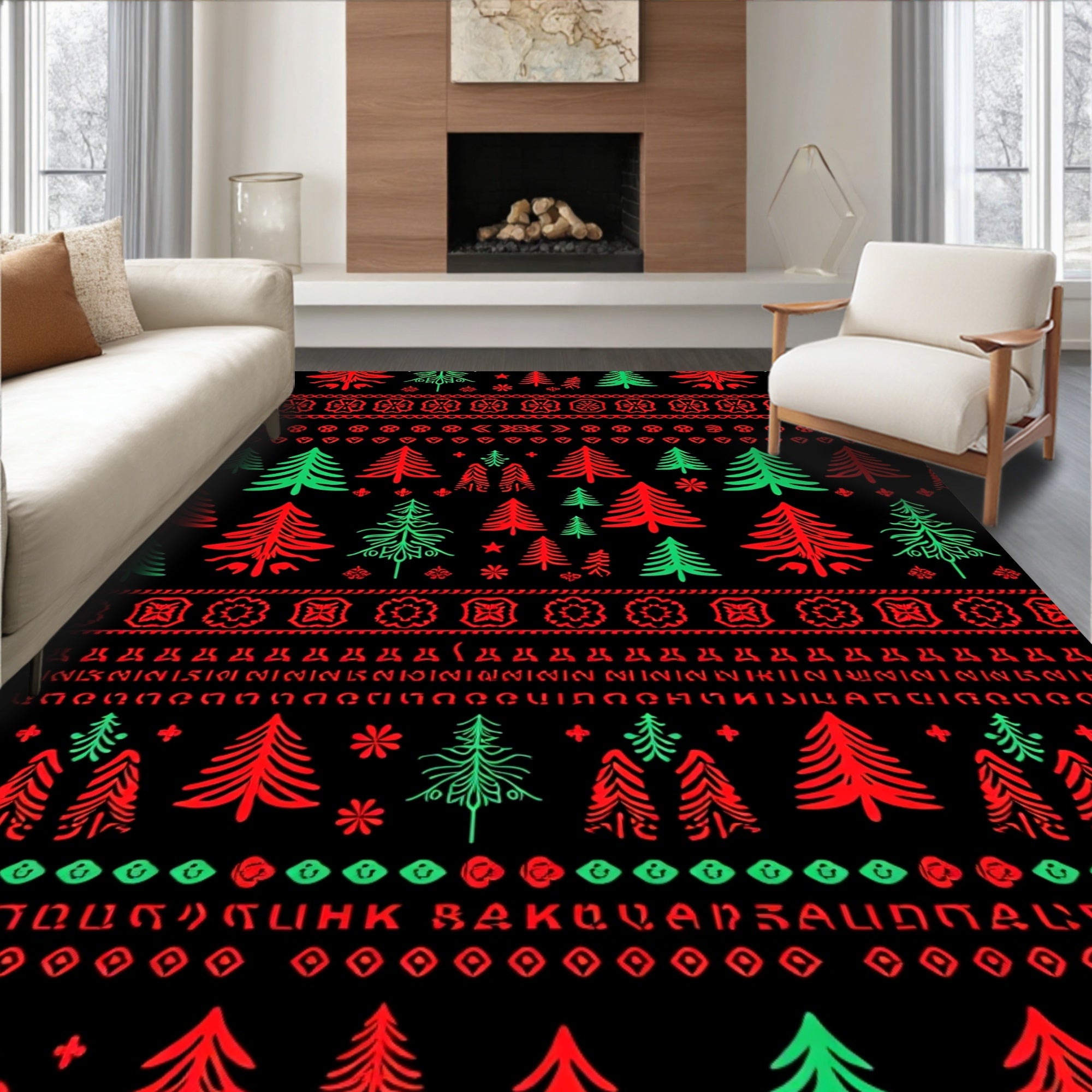 Red Green Vintage Christmas Tree Pattern Rug