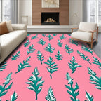 Teal Leaf Pattern on Pink Background Rug