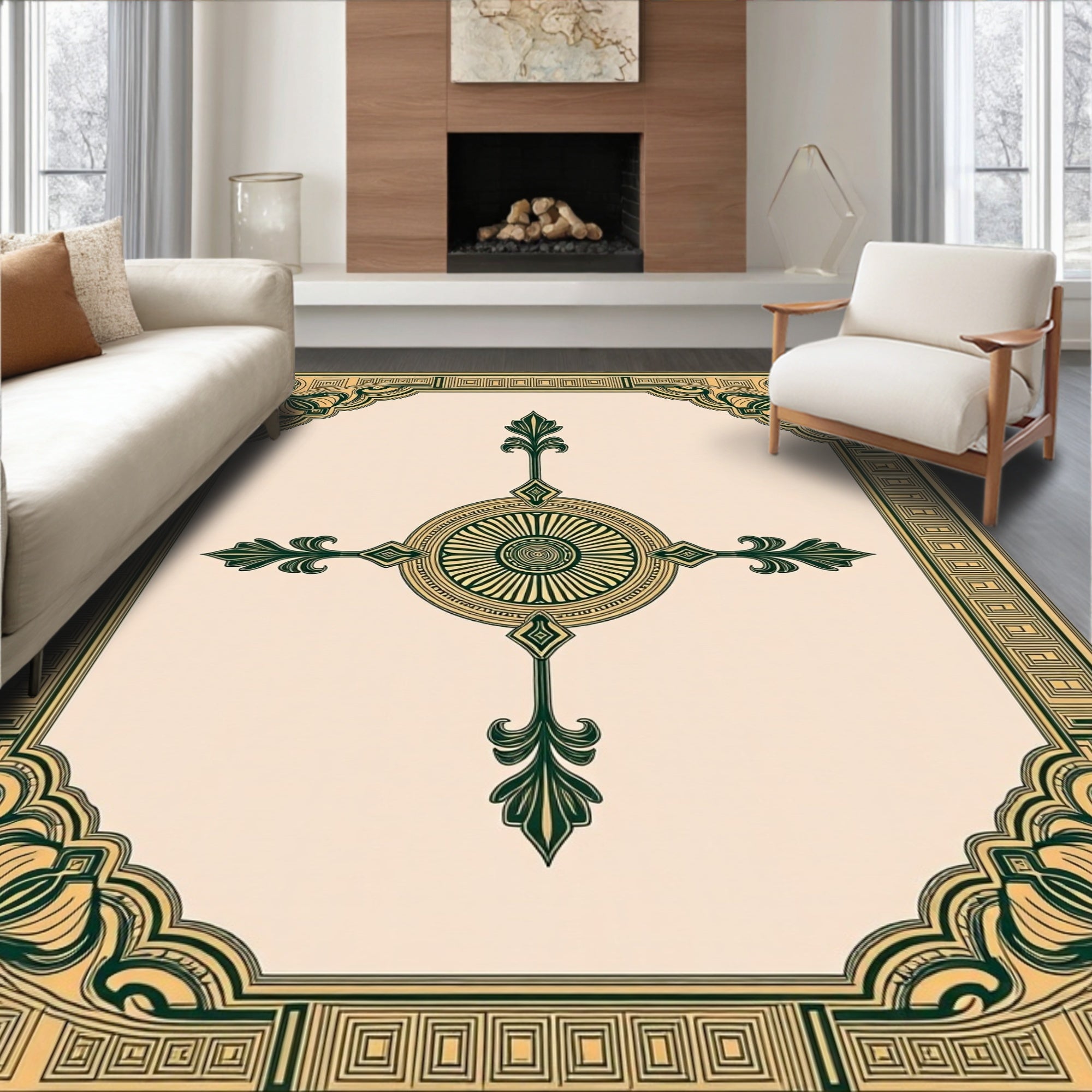 Ornate Dark Green Golden Medallion Frame Rug