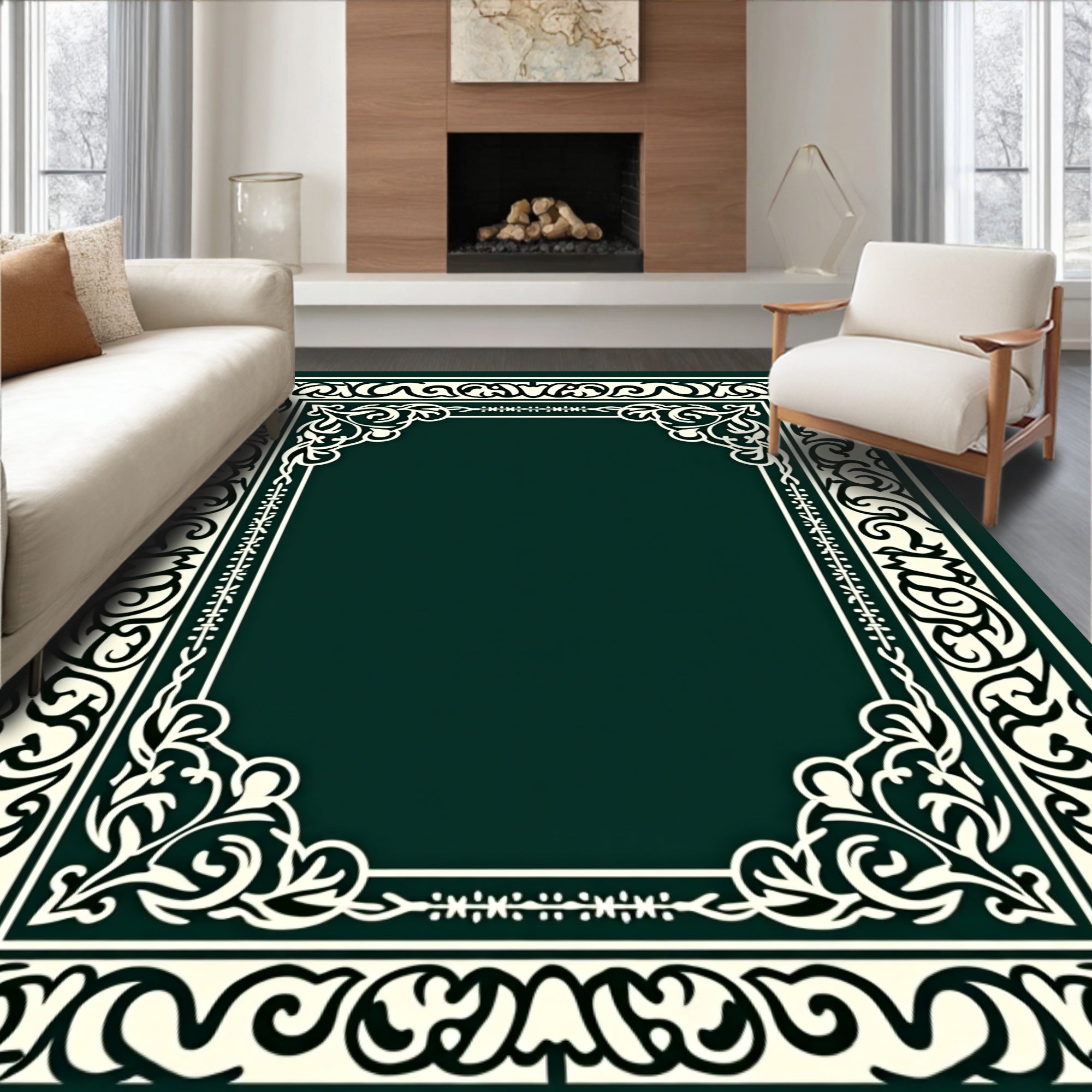Ornate Ivory Scroll Pattern Rug