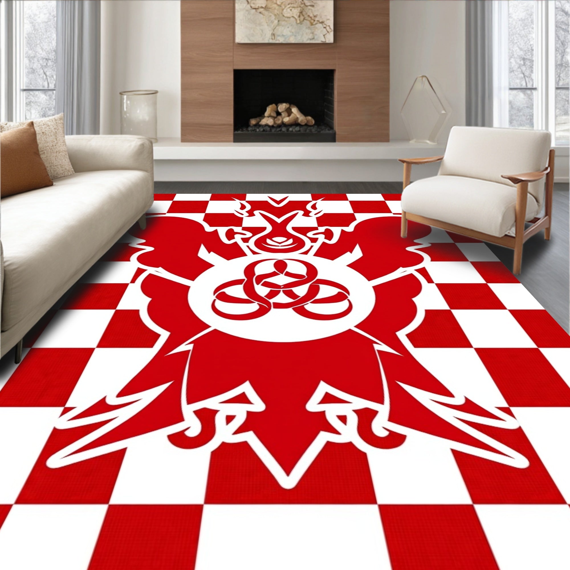 Bold Red Checkerboard Emblem Design Rug