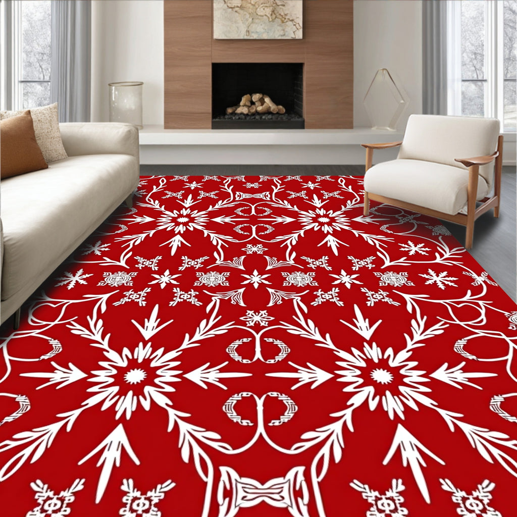 Red White Classic Floral Snowflake Design Rug