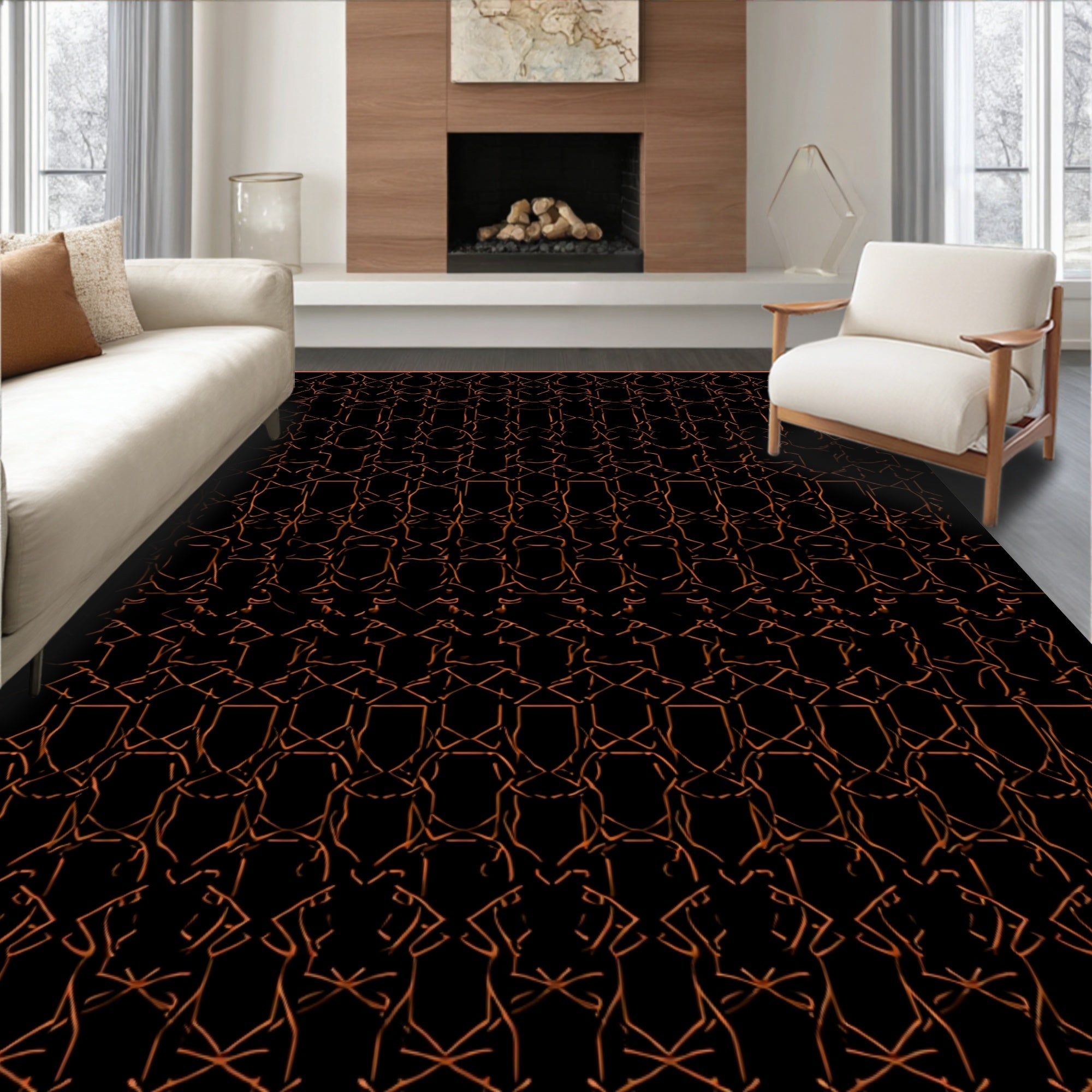 Dark Geometric Lattice Style Pattern Rug