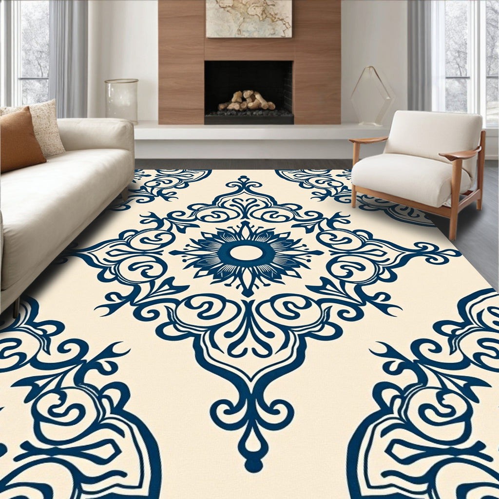 Ornate Blue Floral Damask Pattern Rug