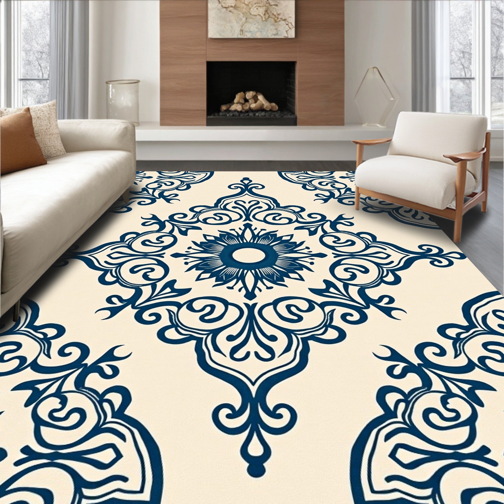 Ornate Blue Floral Damask Pattern Rug