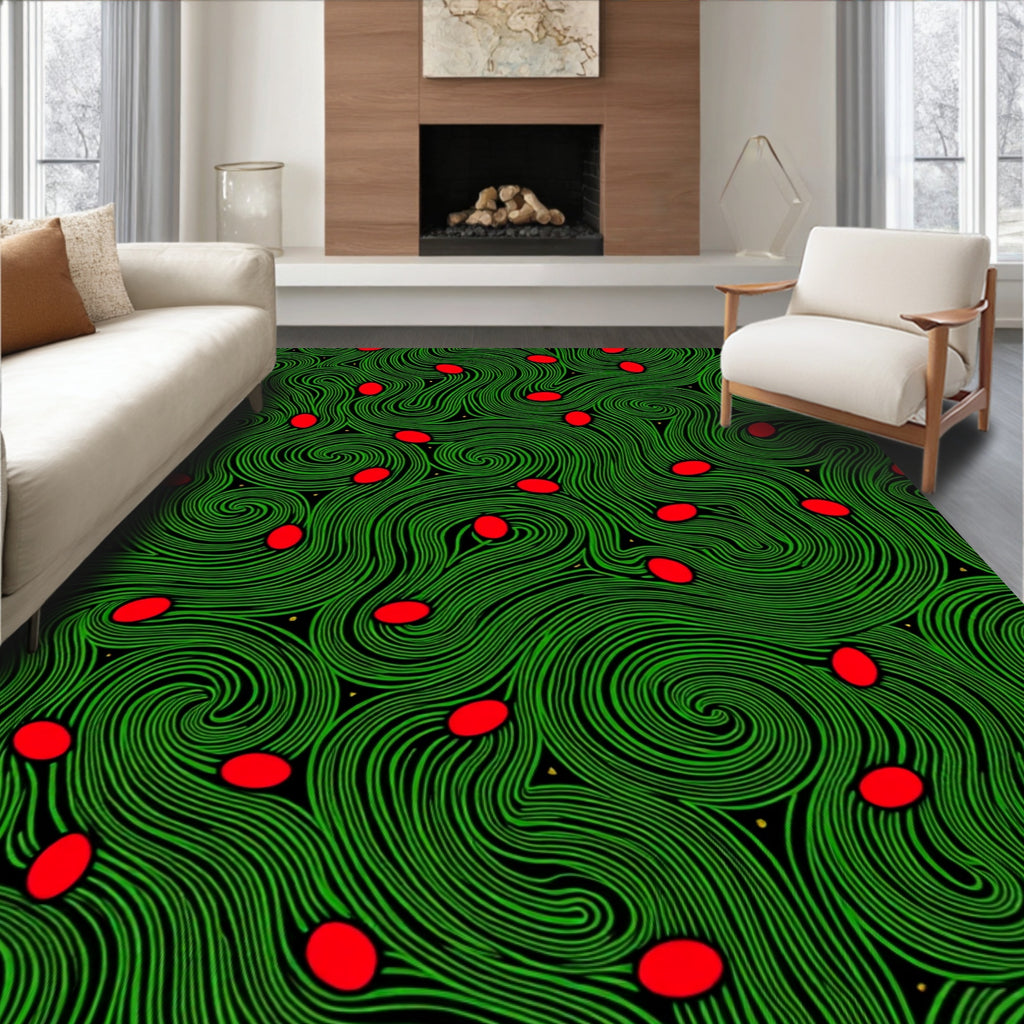 Green Swirl Pattern with Red Dots Rug