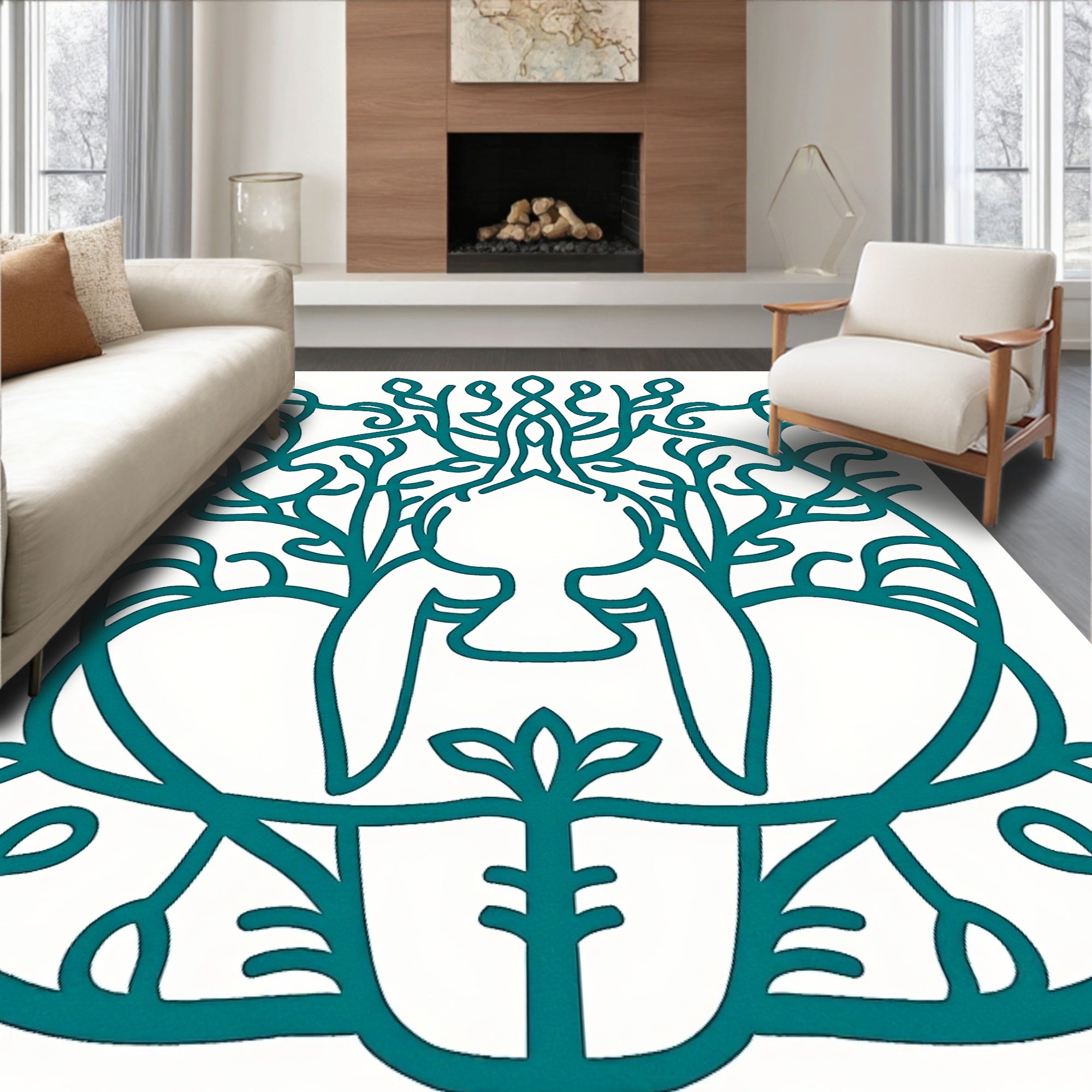 Teal Elegant Nature Inspired Design Rug