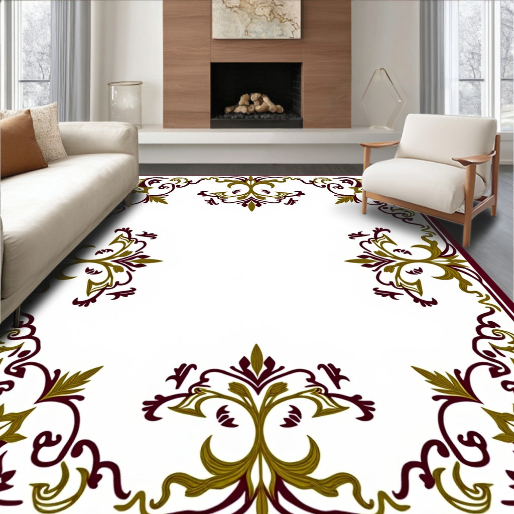 Plum Gold Leaf Scrollwork Frame Rug