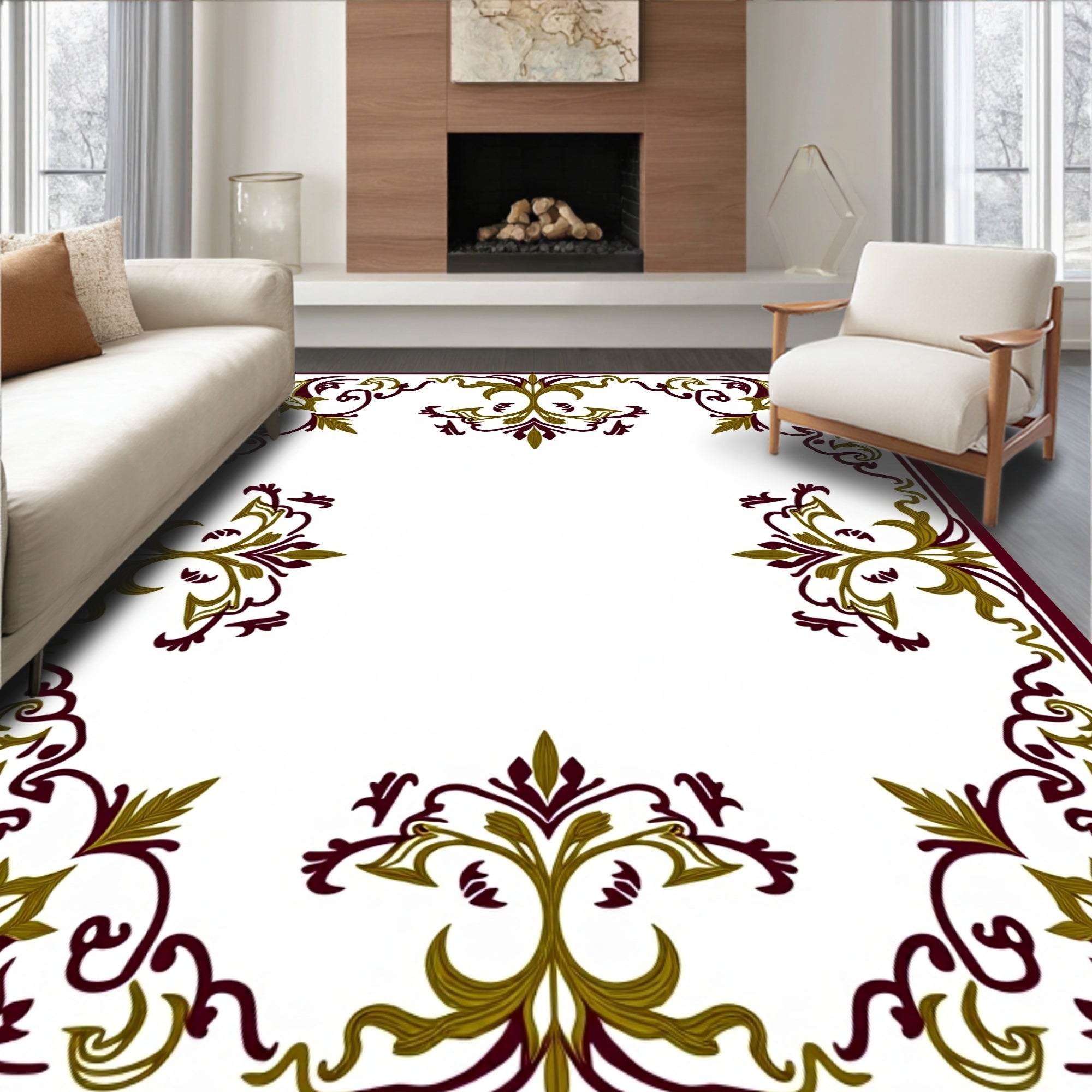 Plum Gold Leaf Scrollwork Frame Rug