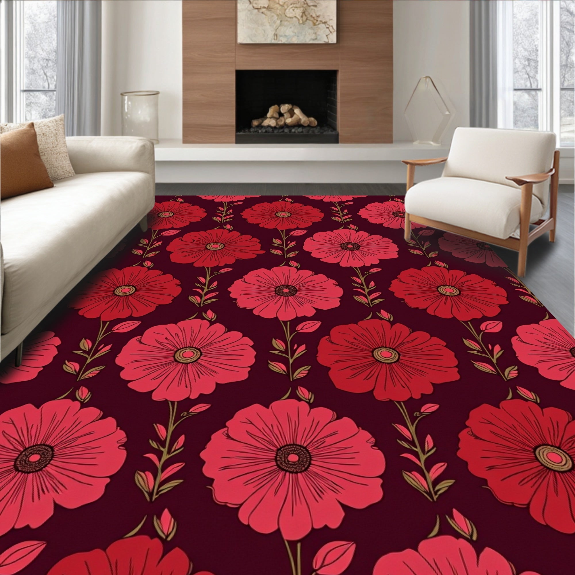 Red Floral Patterned Vintage Design Rug