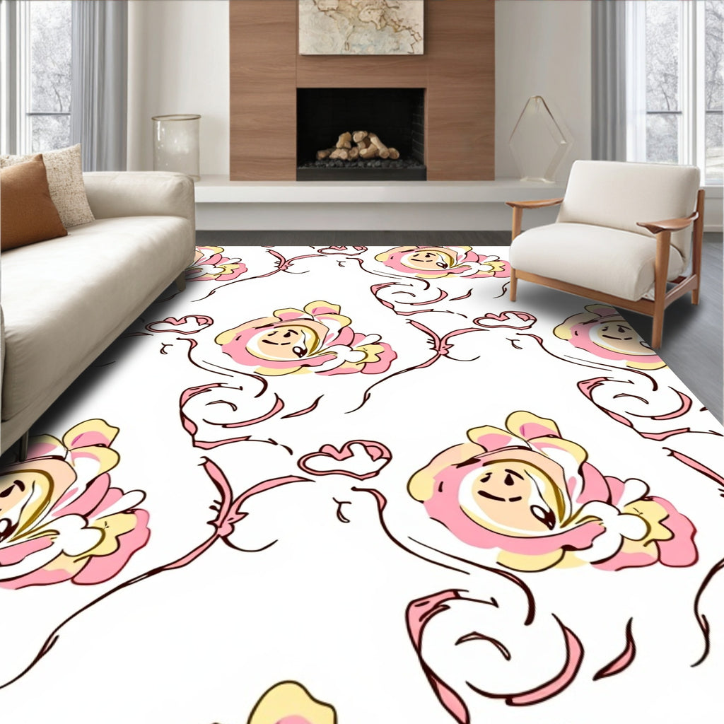 Pink Yellow Floral Swirl Design Rug