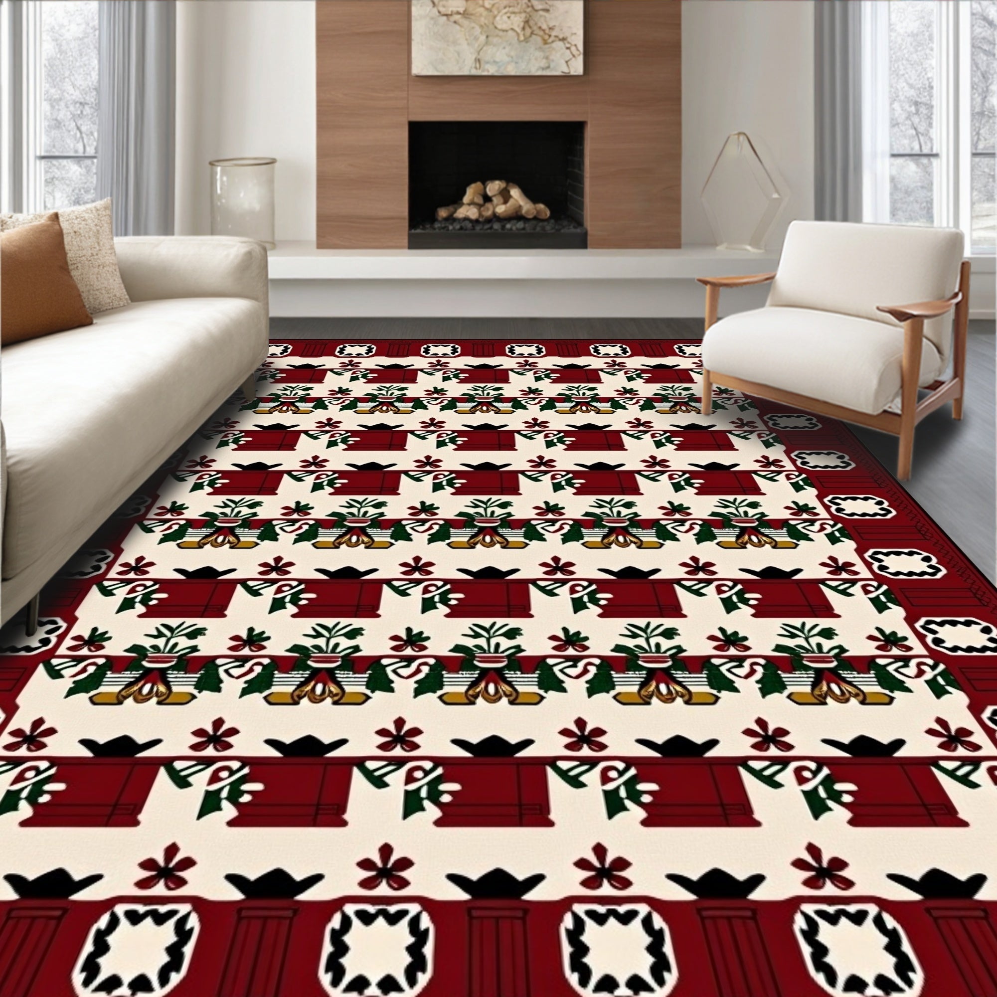 Crimson Floral Pot Patterned Rug
