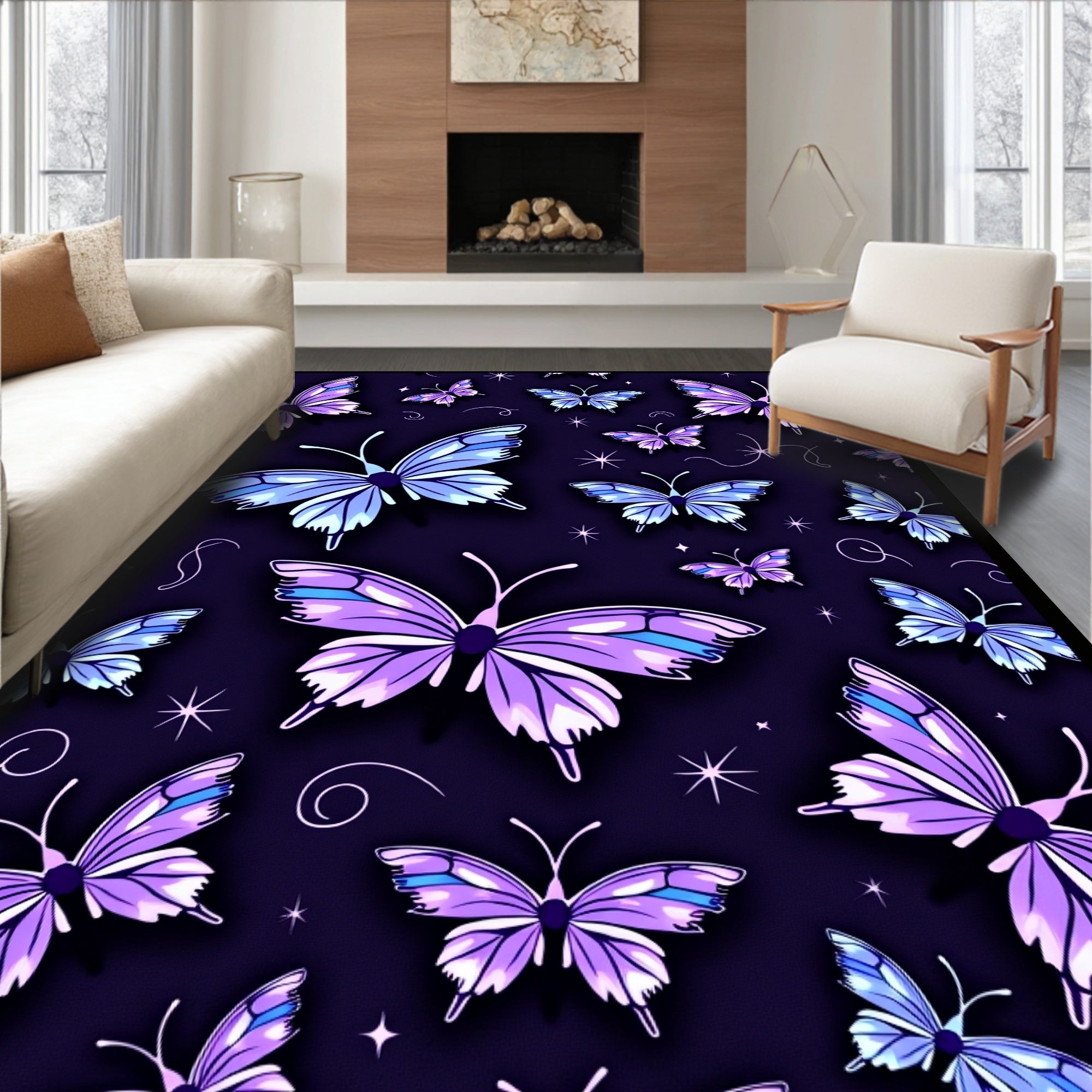 Whimsical Violet Blue Butterfly Pattern Rug