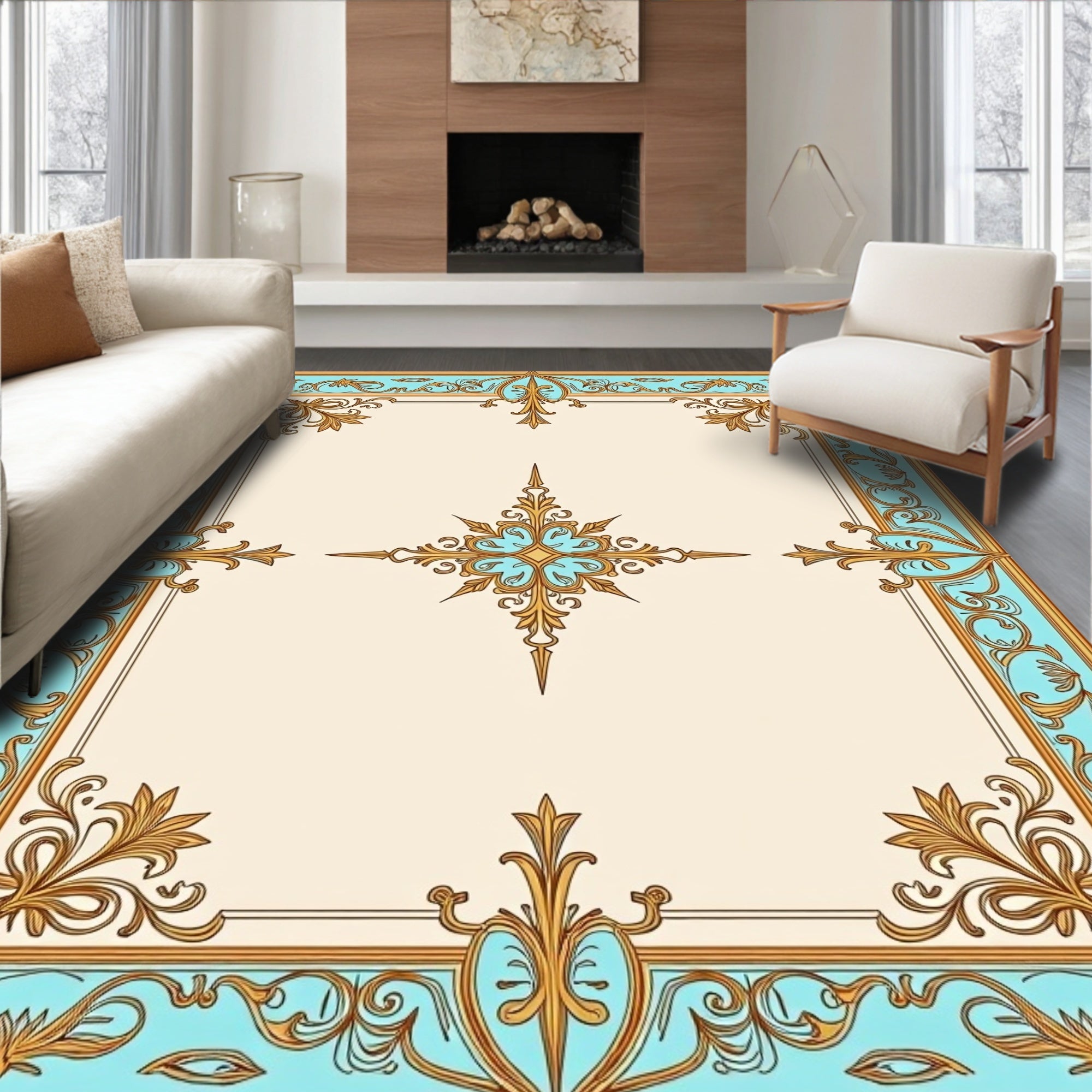 Ornate Aqua Gold Medallion Design Rug