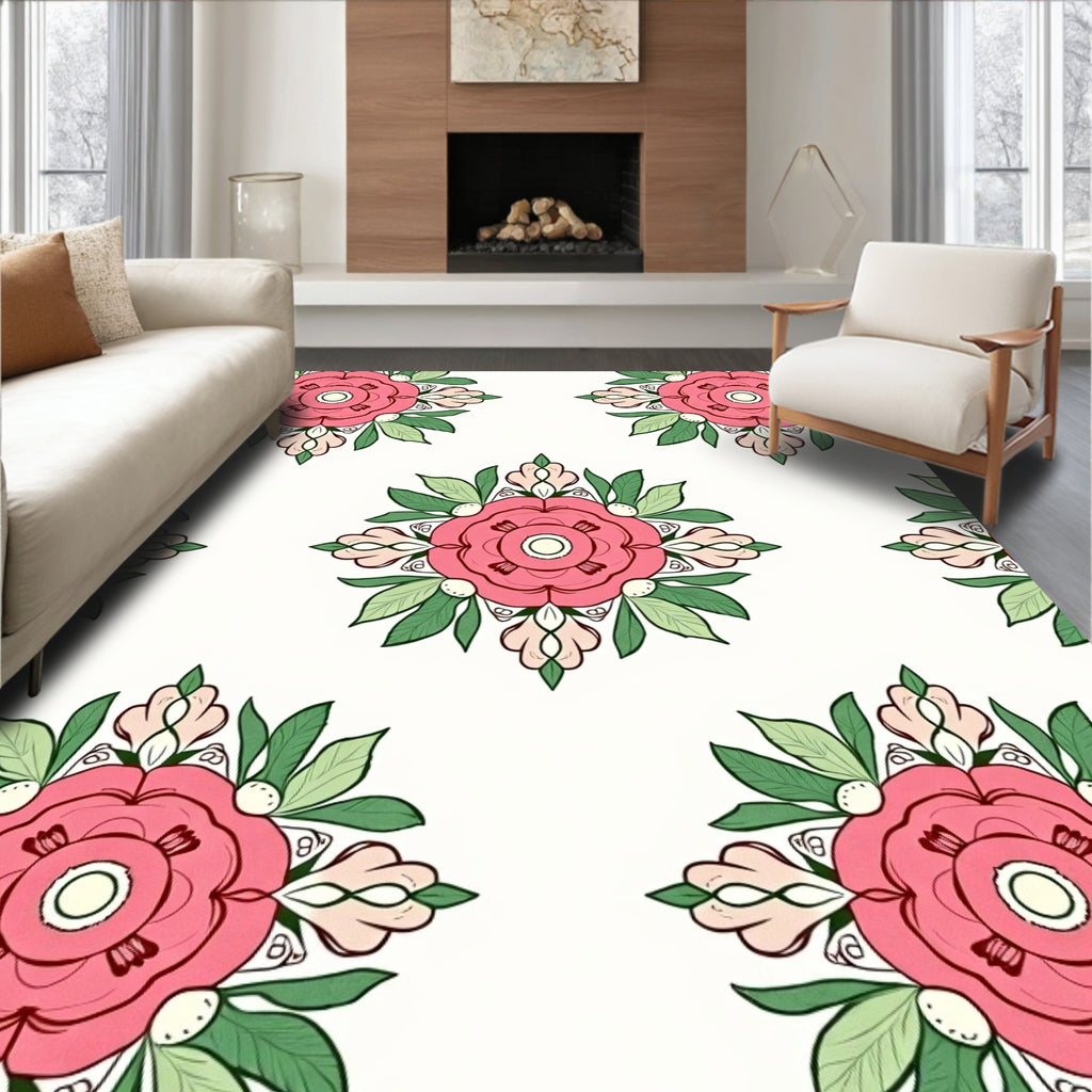 Pink Floral Motif Decorative Pattern Rug