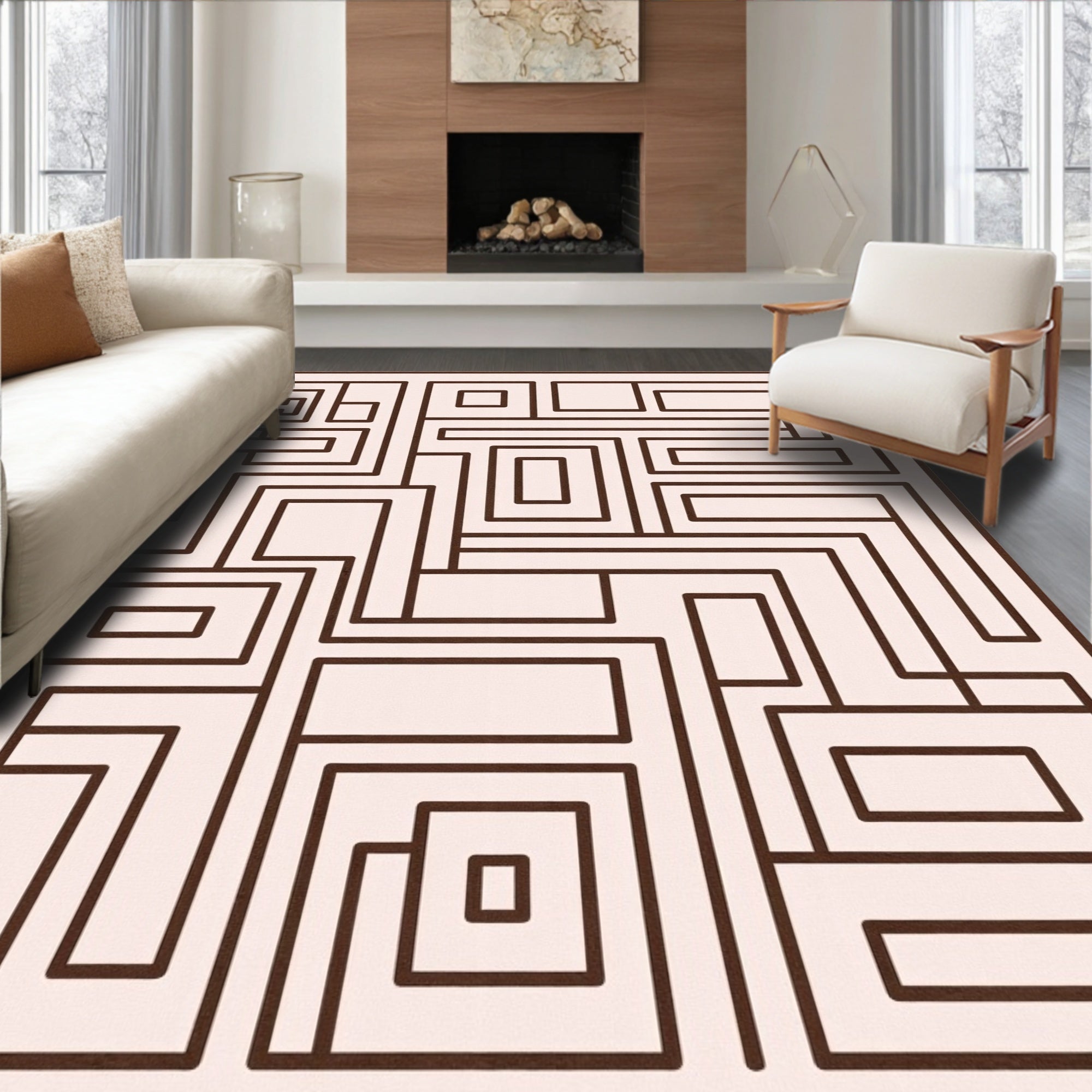 Geometric Maze Brown Beige Rug