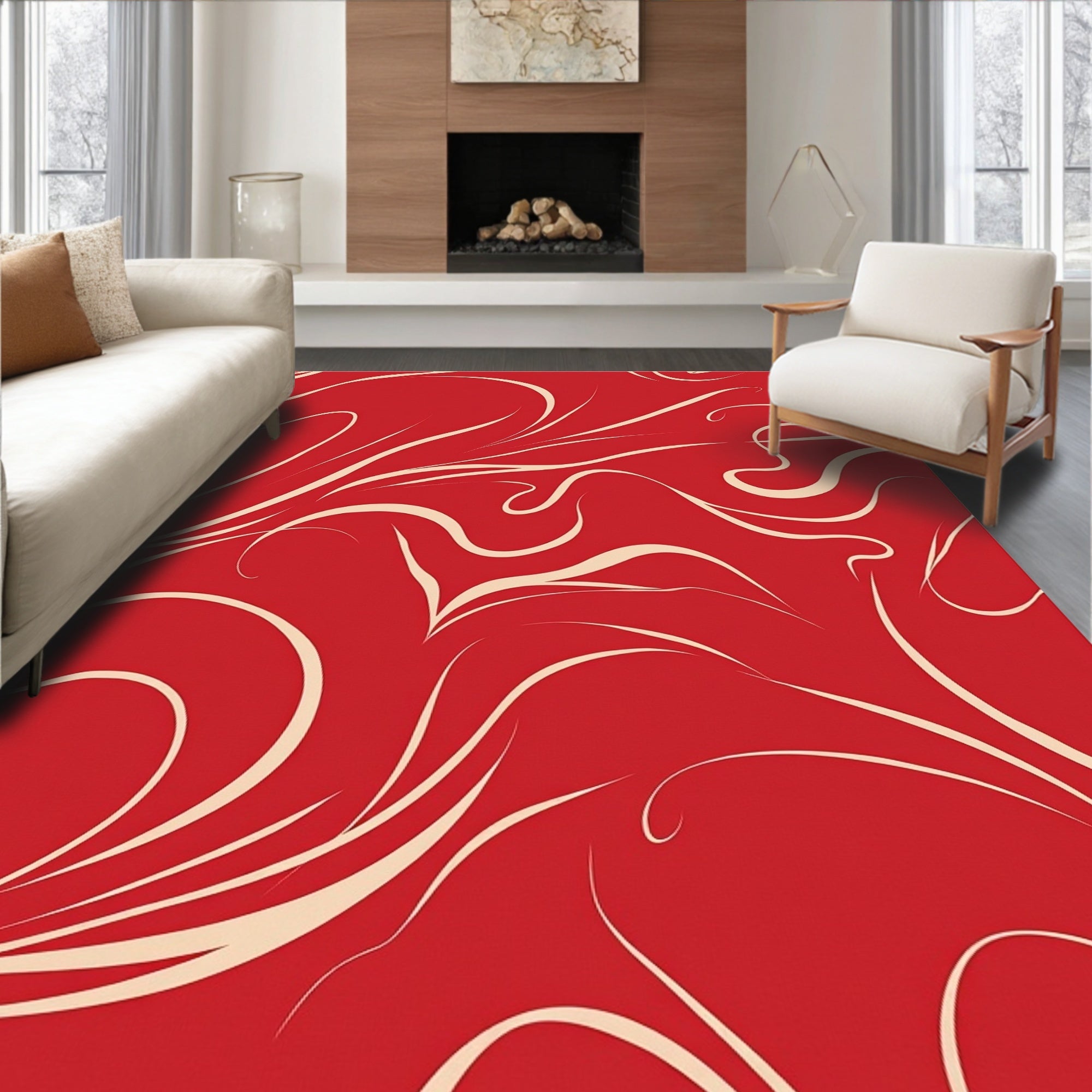 Elegant Red Swirl Motif Design Rug