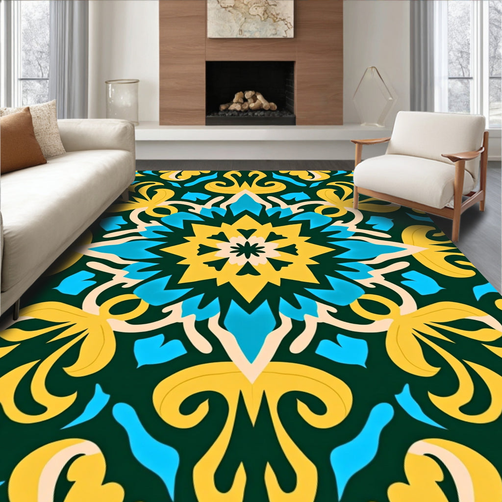 Golden Teal Intricate Mandala Design Rug
