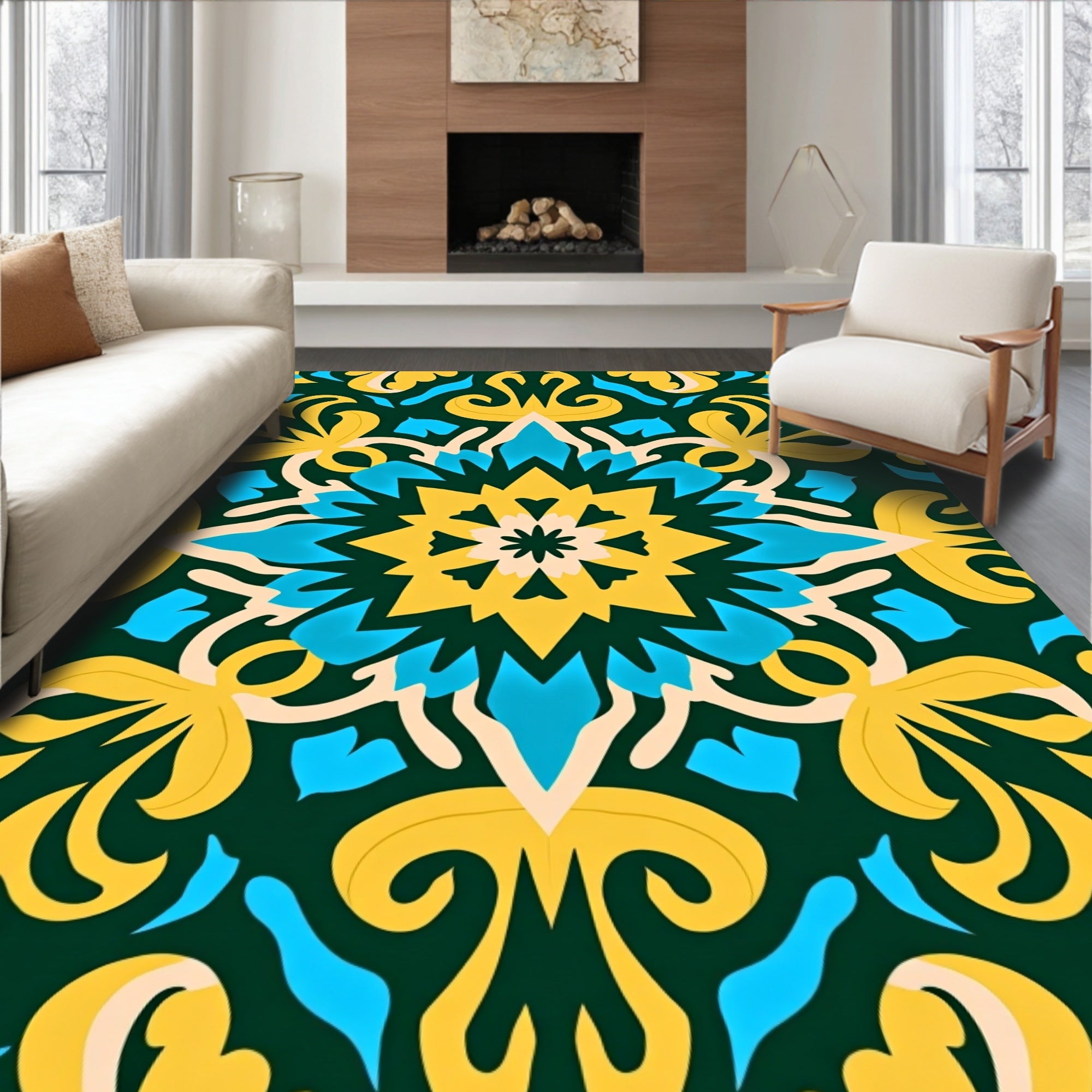 Golden Teal Intricate Mandala Design Rug