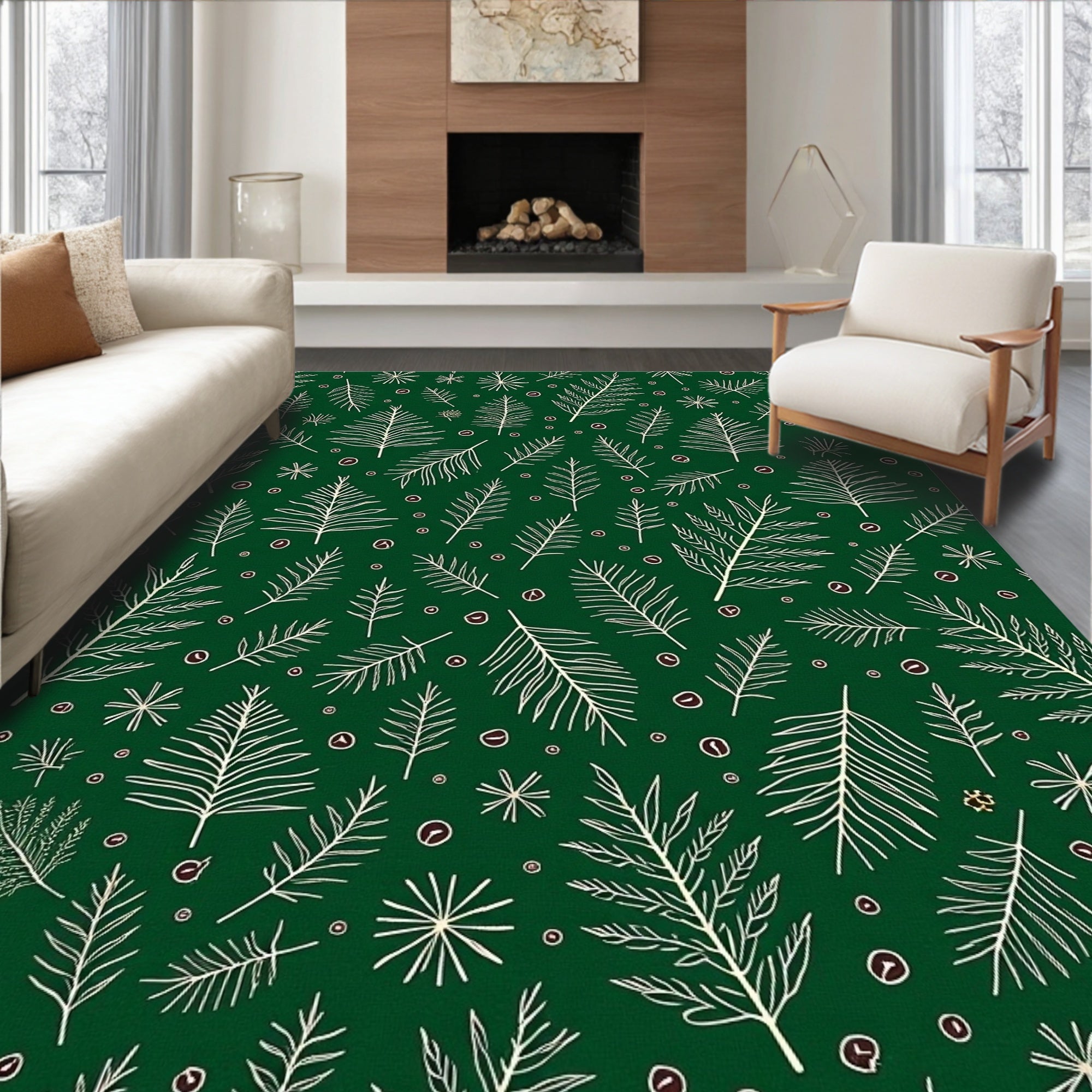 Hand Drawn Pine Branch Pattern Rug