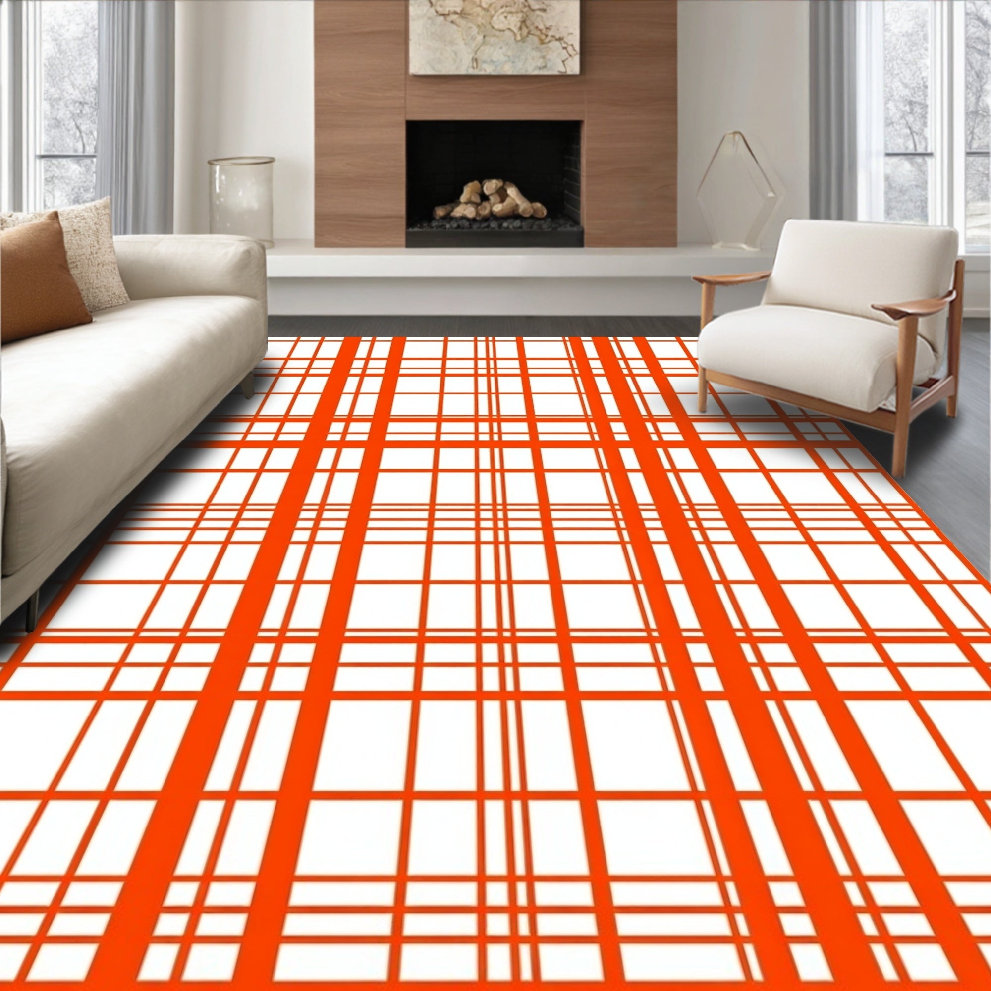 Bold Orange Plaid Geometric Pattern Rug