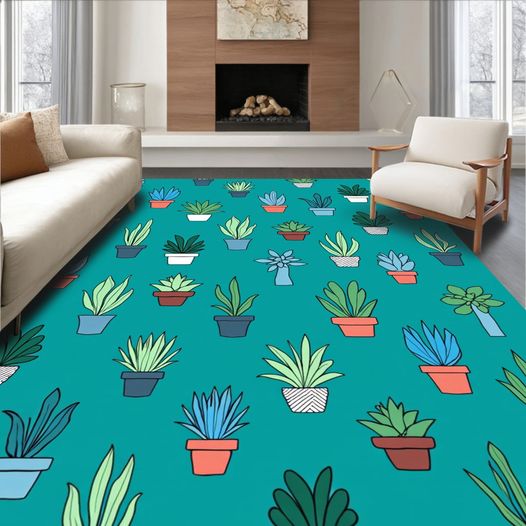 Potted Plant Patterned Teal Rug