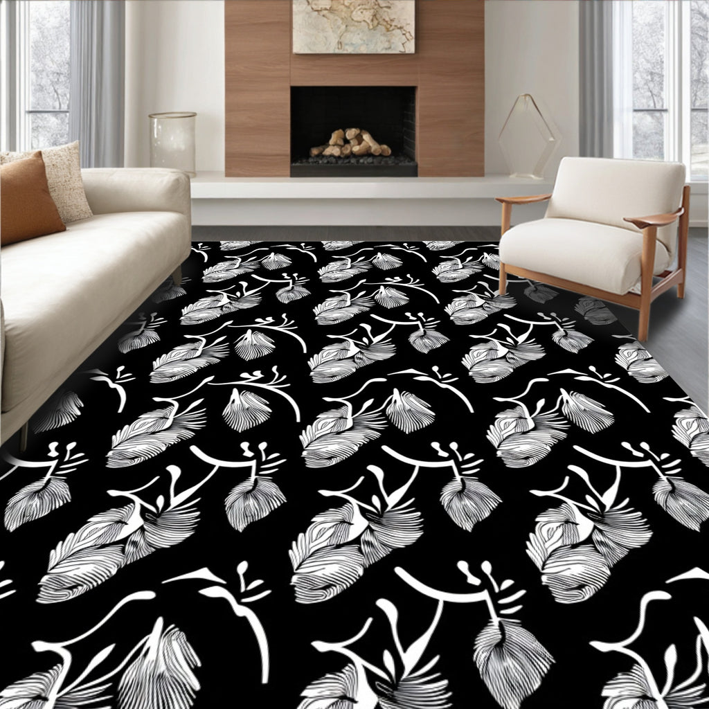 White Feathered Branches Black Background Rug
