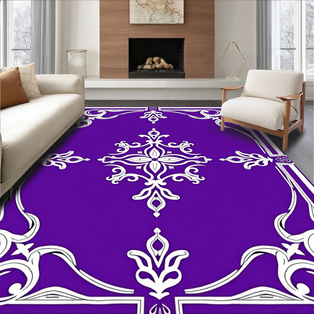 Elegant Purple White Floral Border Rug