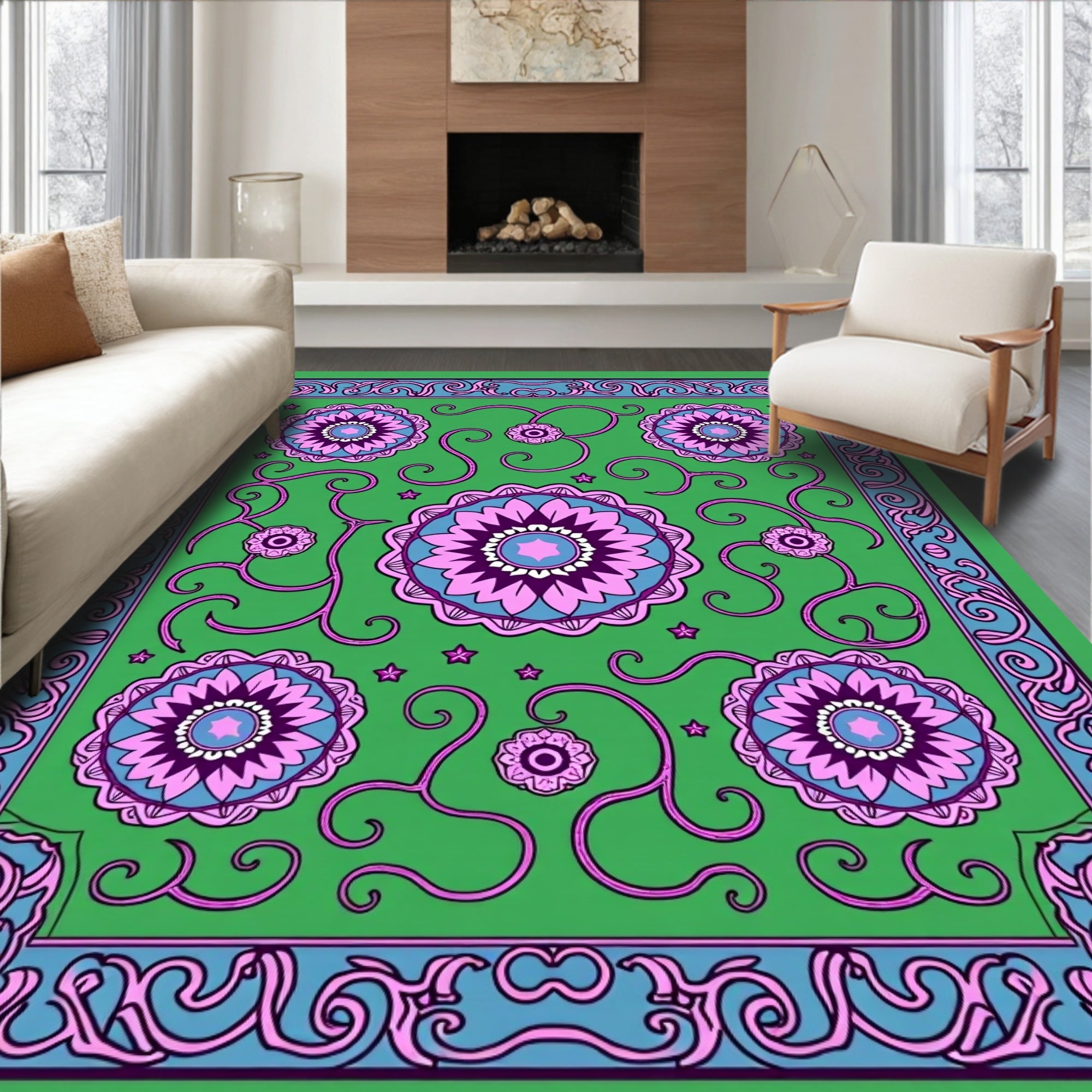 Bold Floral Patterned Square Rug