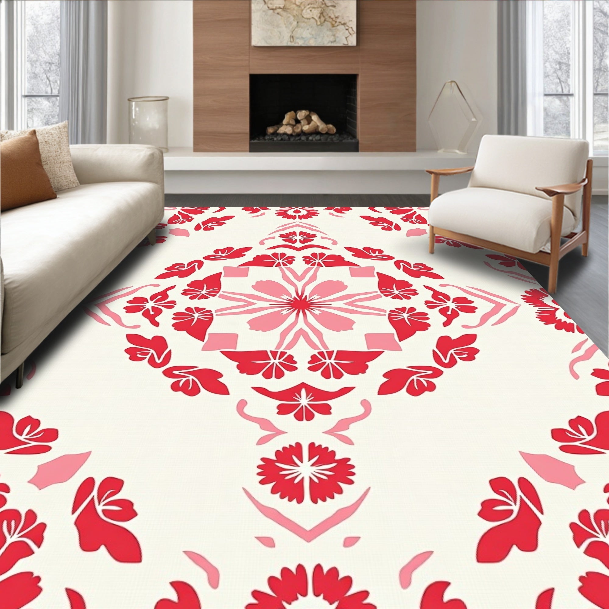 Red Pink Floral Mandala Pattern Rug