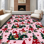 Whimsical Gnomes Festive Christmas Trees Pink Rug