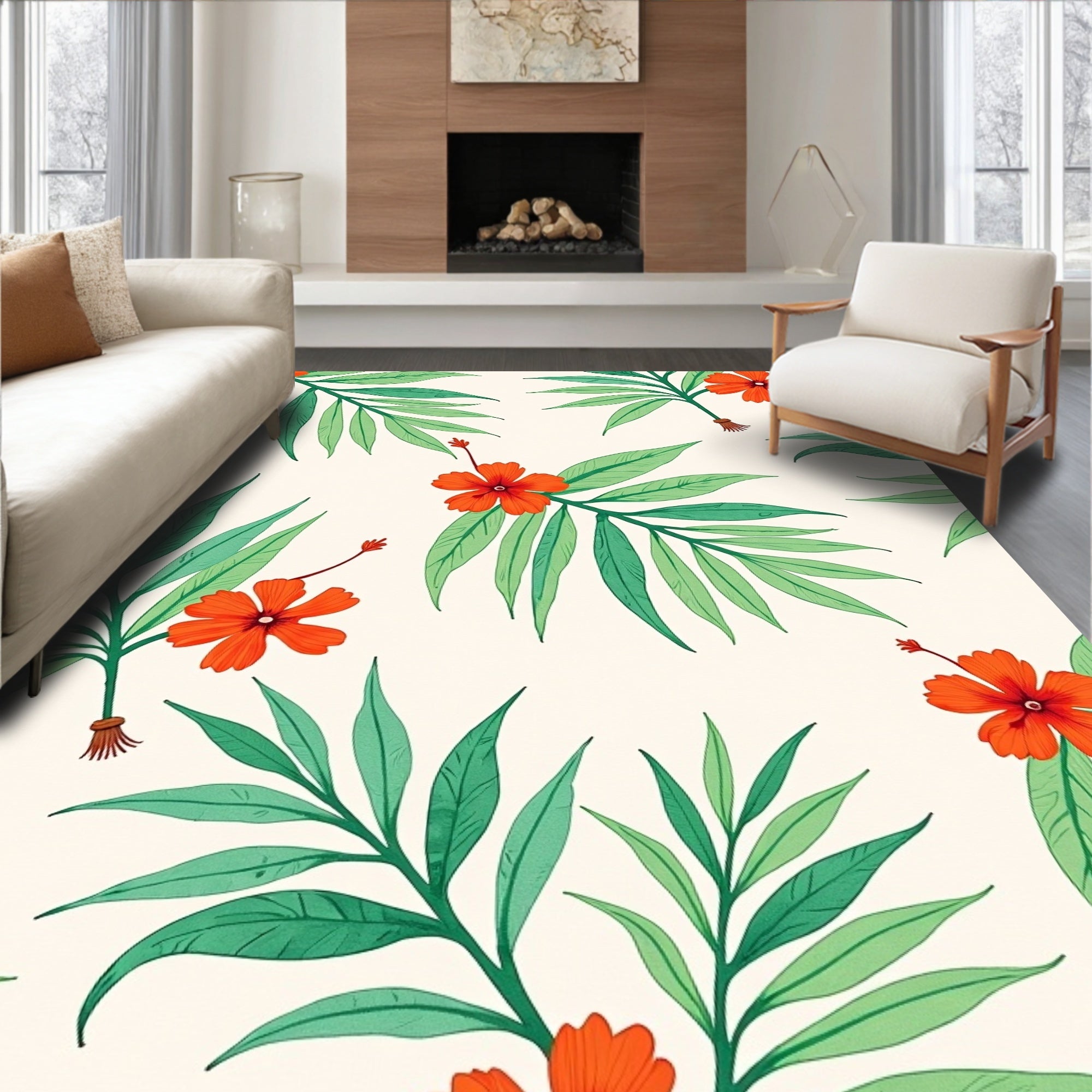 Orange Floral and Green Leaf Print Rug
