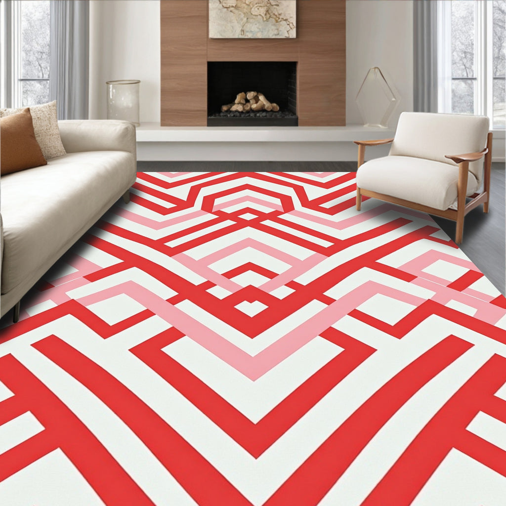 Geometric Lines Red Pink Pattern Rug