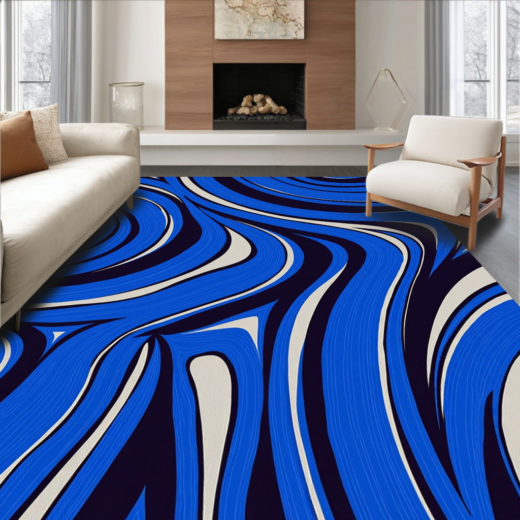 Fluid Blue Cream Wave Pattern Rug