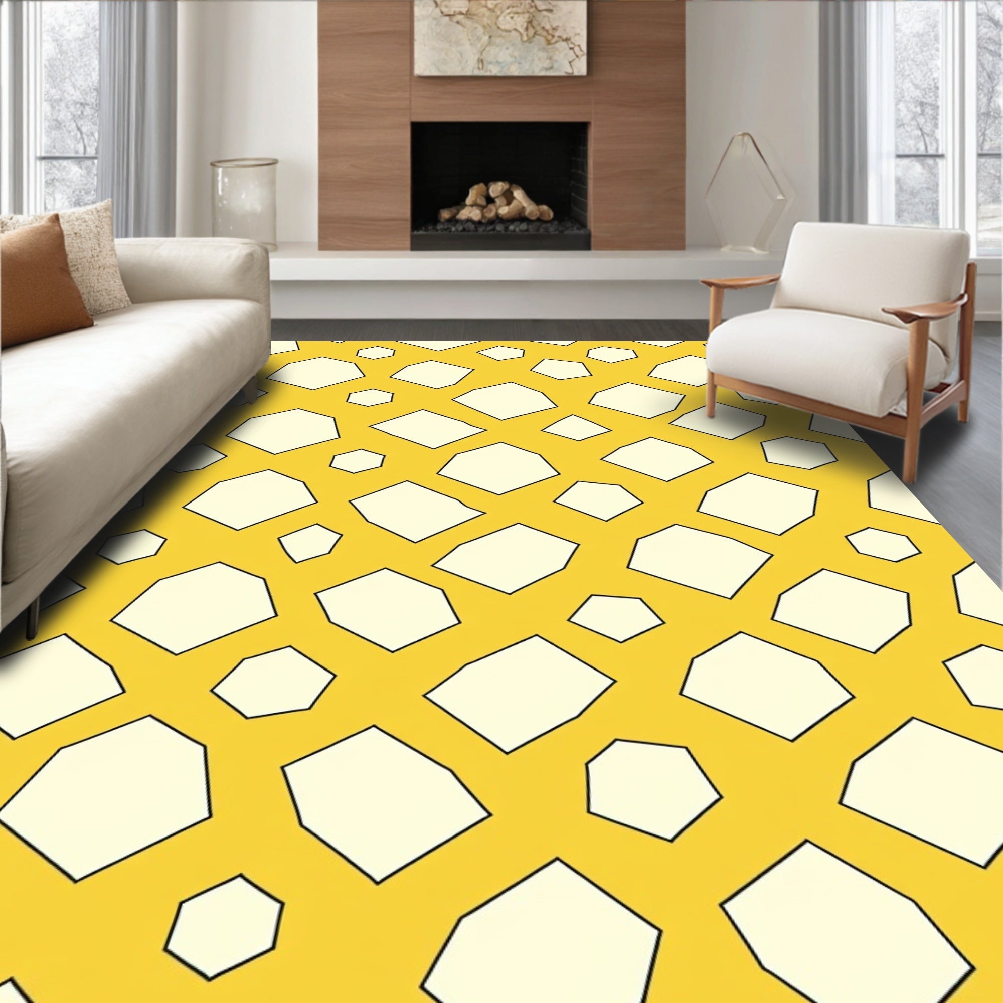 Abstract Geometric Yellow White Pattern Rug