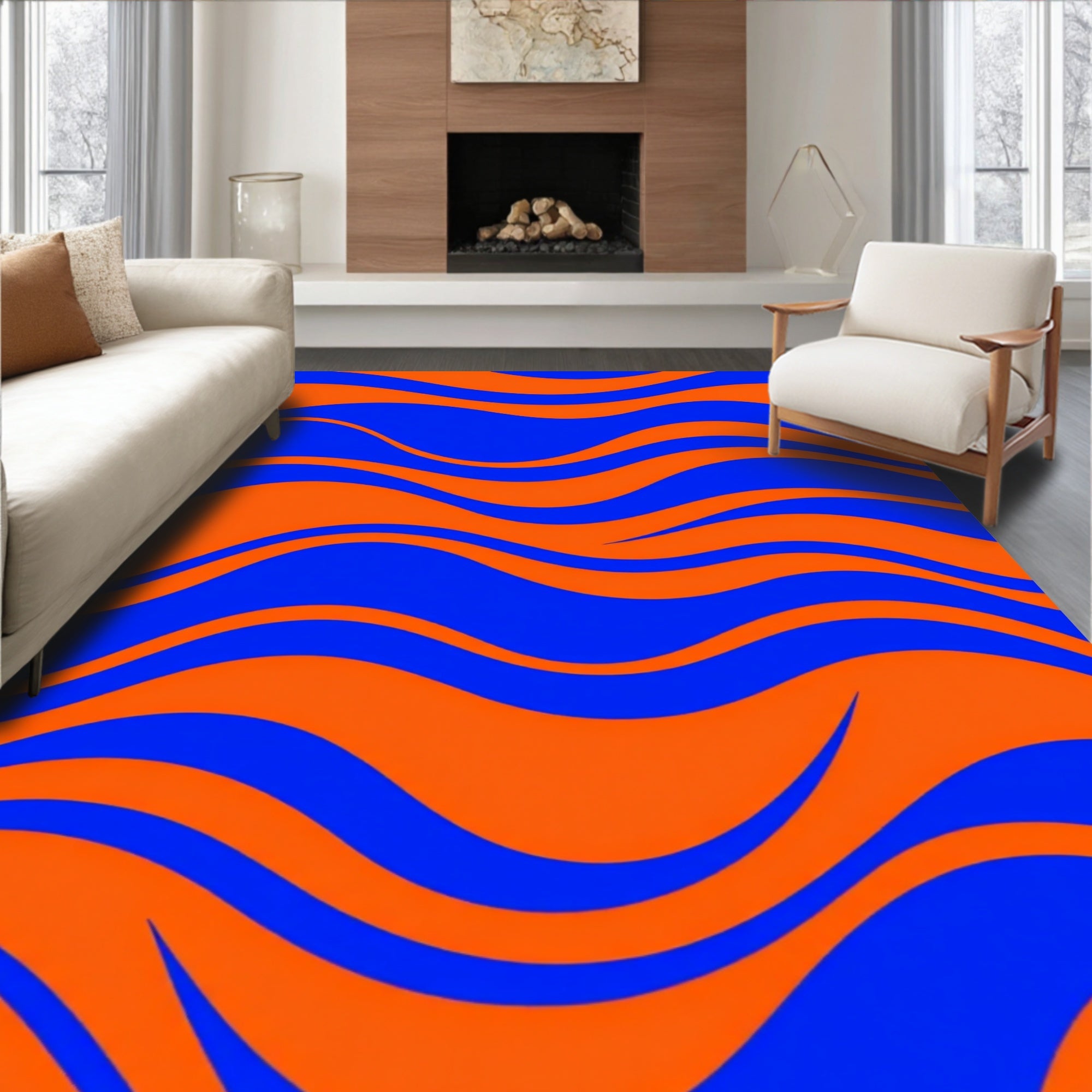 Vibrant Blue Orange Wavy Stripes Rug