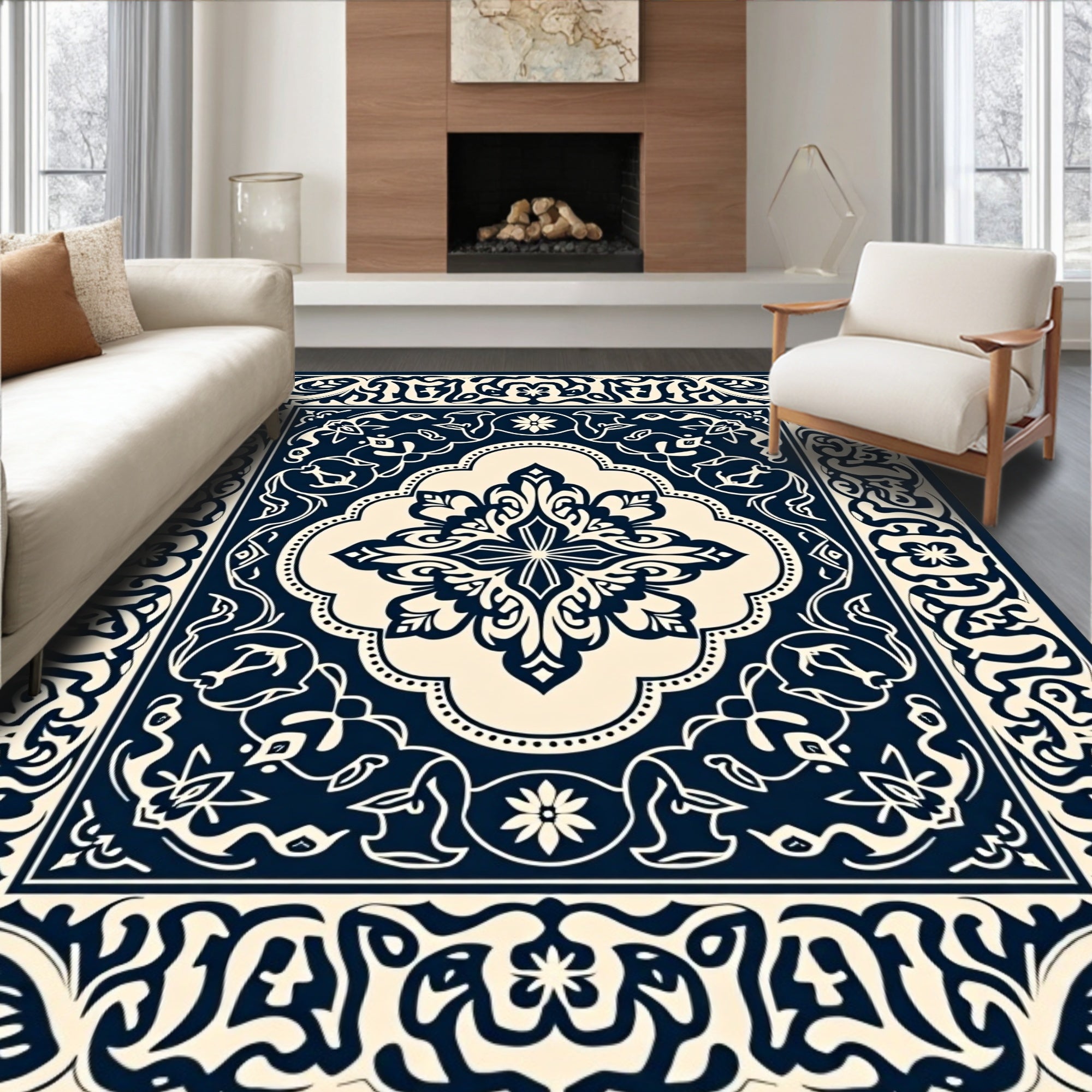 Classic Dark Blue Floral Medallion Rug