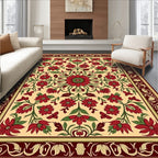 Red Floral Cream Burgundy Border Design Rug