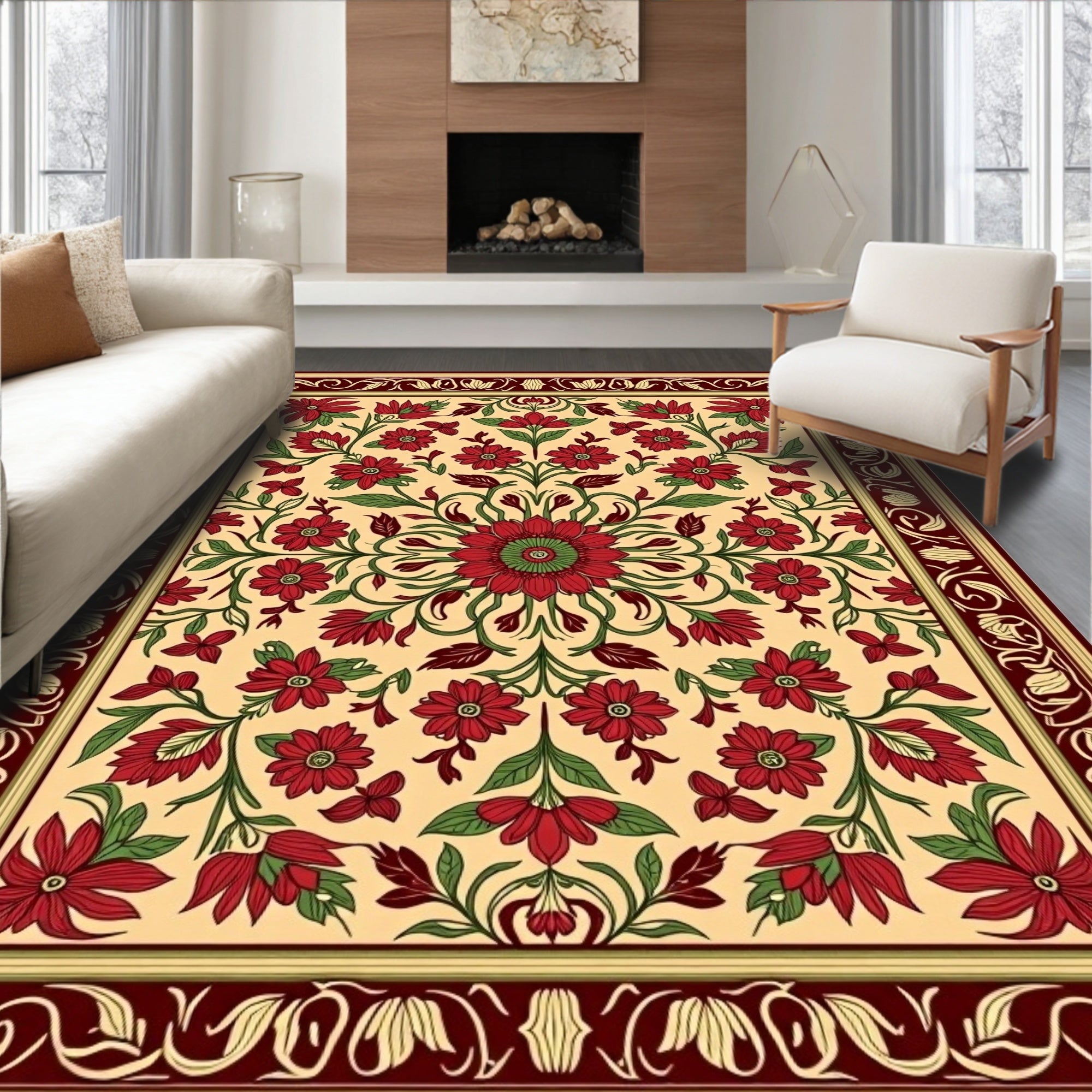 Red Floral Cream Burgundy Border Design Rug