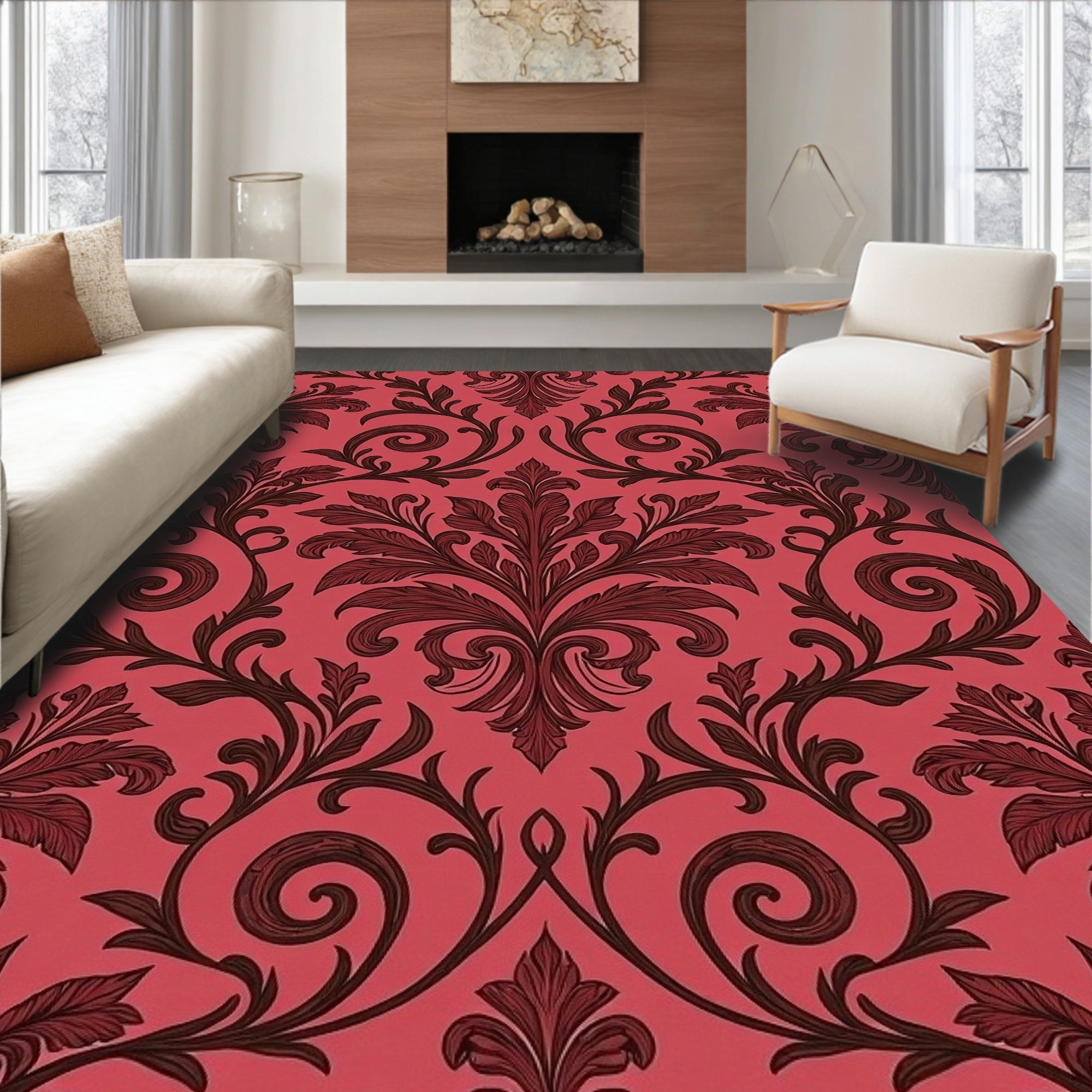 Ornate Red Black Floral Swirl Rug