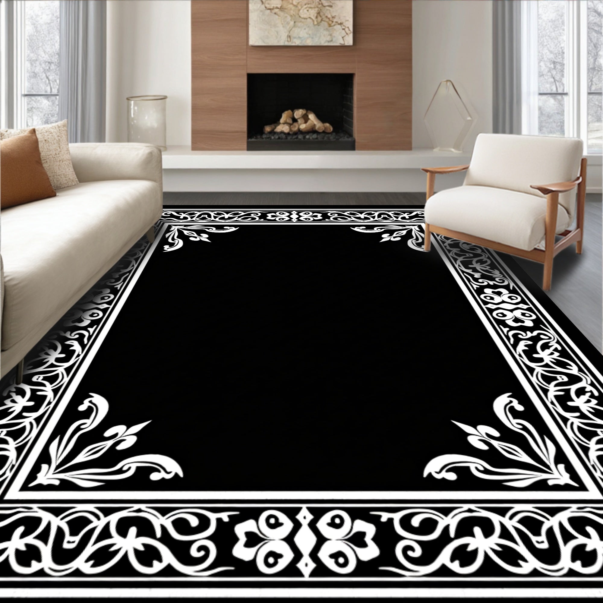Elegant White Ornamental Border Design Rug