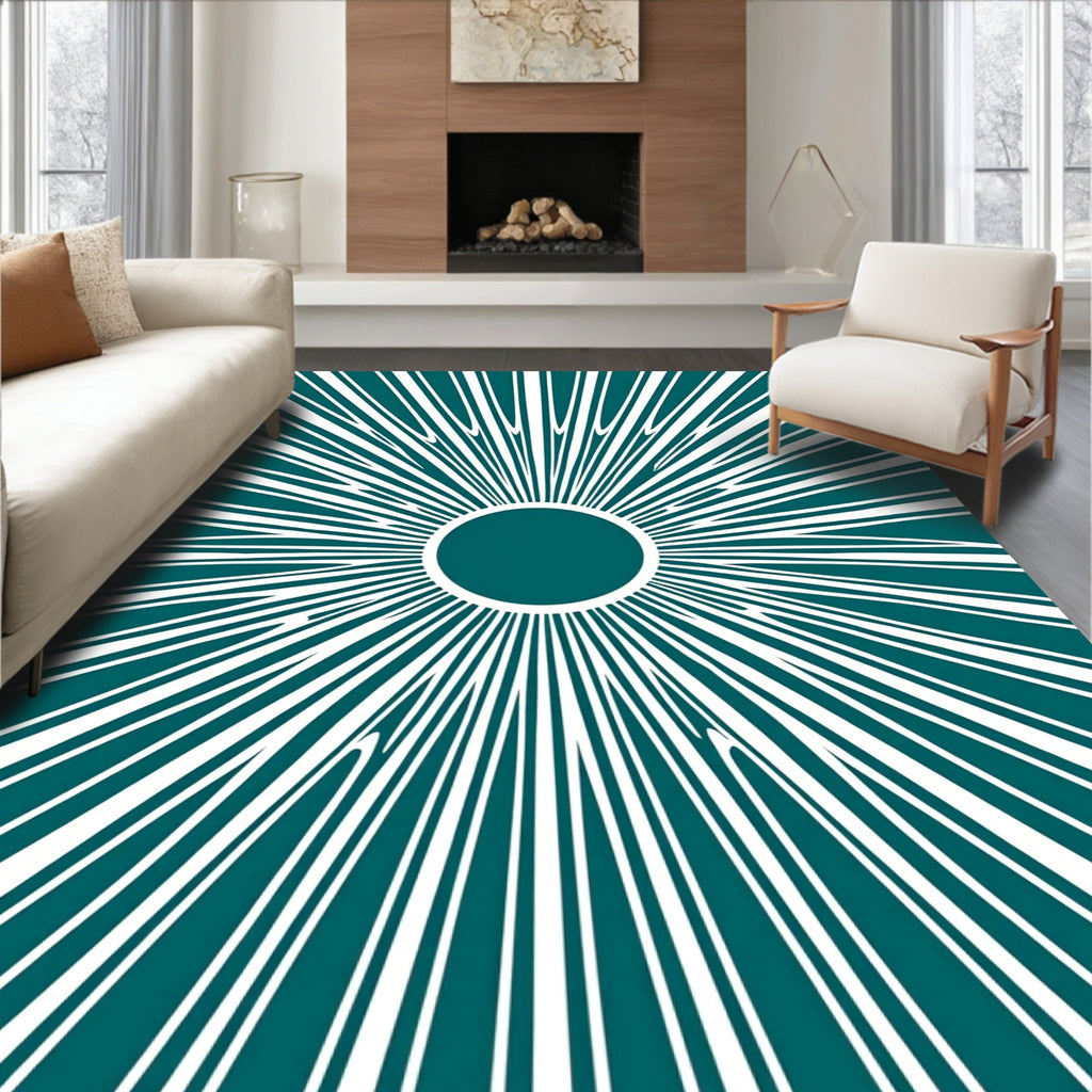 Radiating Teal Sunburst Graphic Design Rug