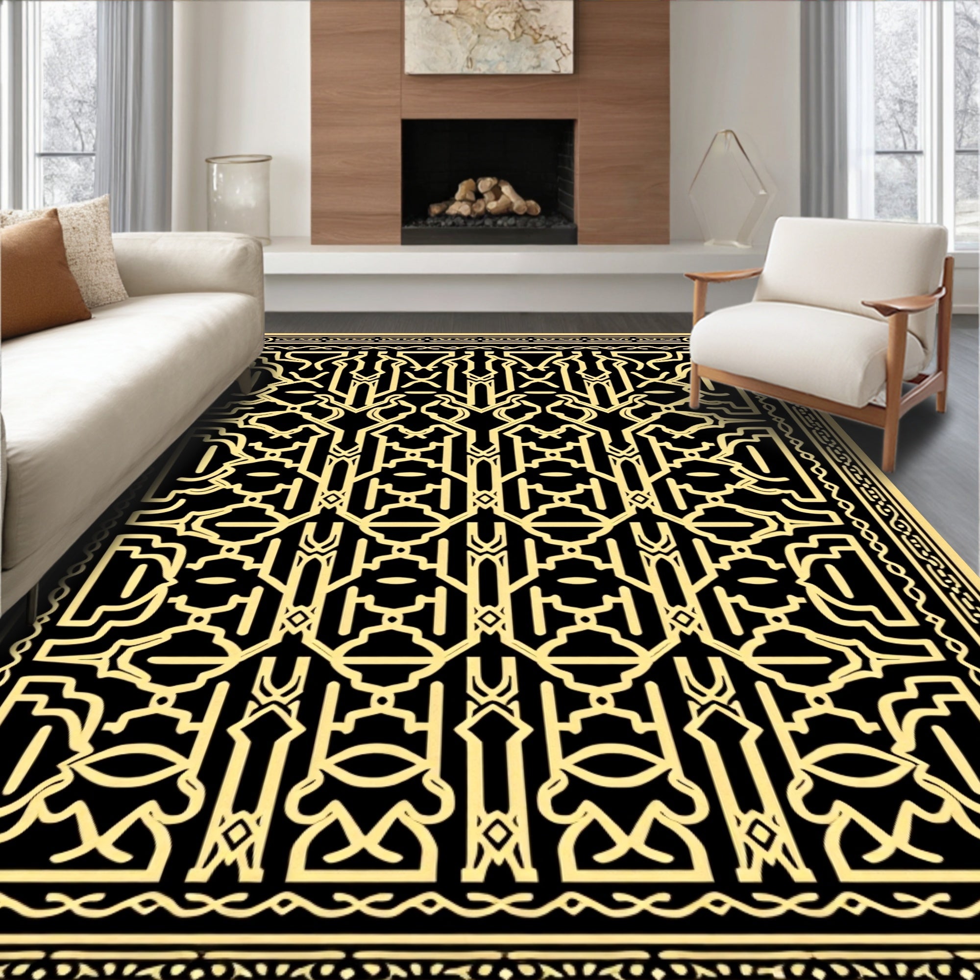 Intricate Black Gold Geometric Motif Rug